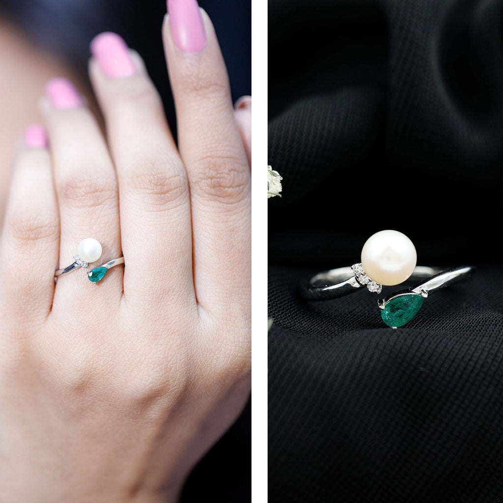 Cultured Freshwater Pearl and Emerald Toi Et Moi Promise Ring