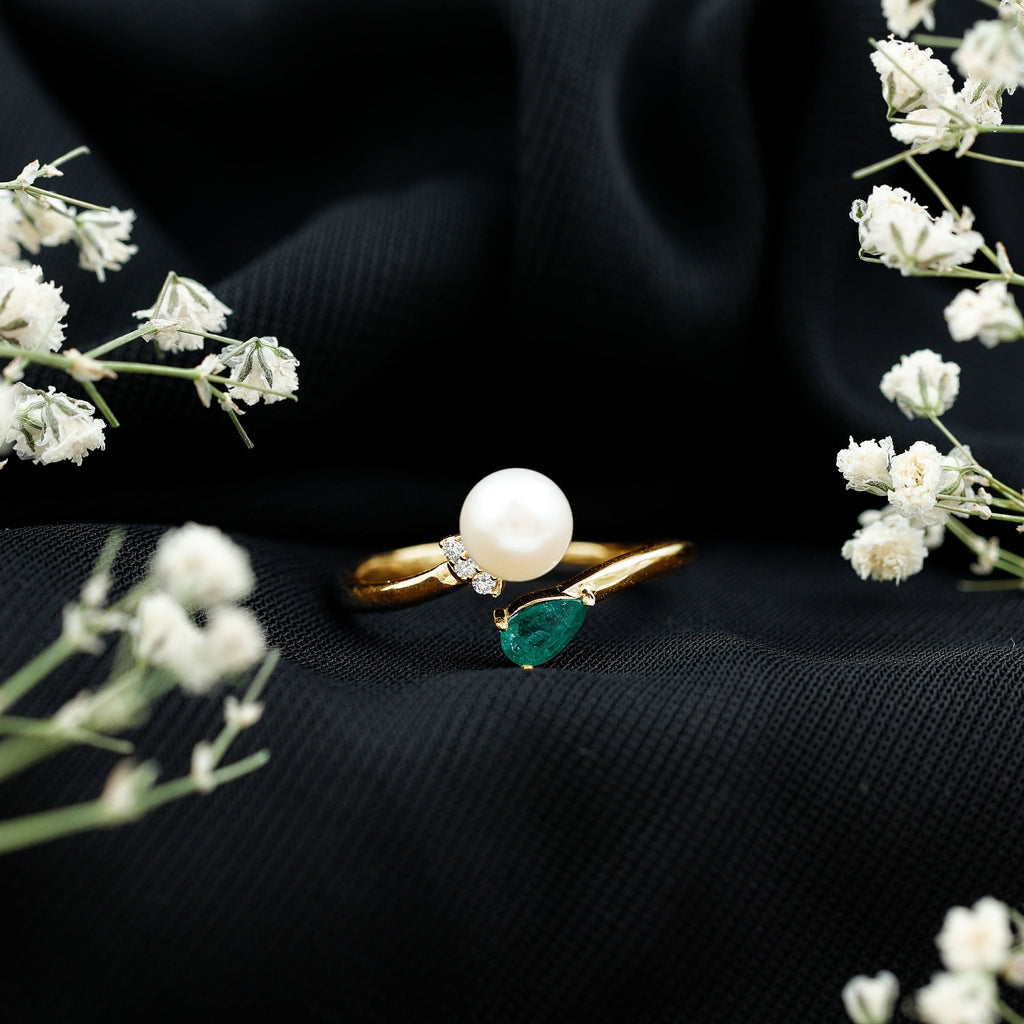 Cultured Freshwater Pearl and Emerald Toi Et Moi Promise Ring