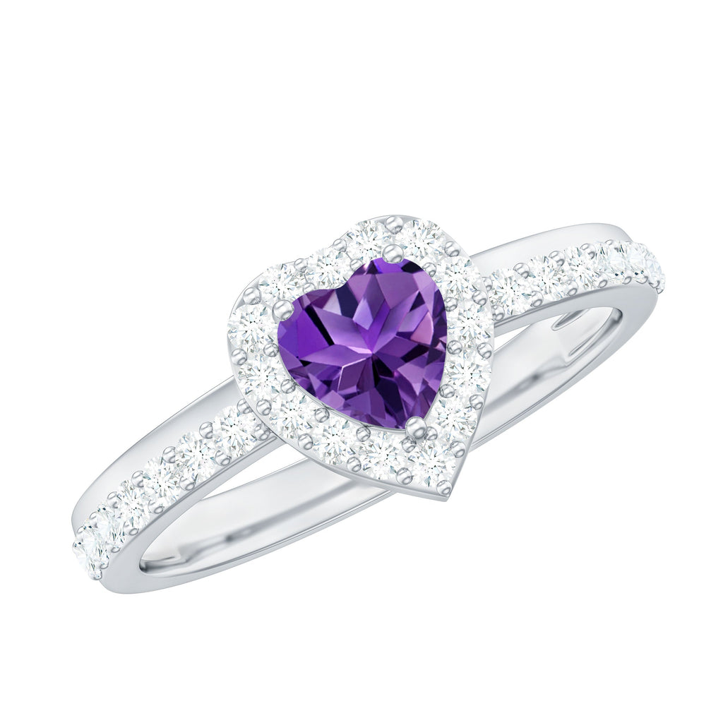 Heart Shape Amethyst and Diamond Halo Engagement Ring