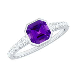 Bezel Asscher Amethyst Solitaire Ring with Diamond Side Stones | Rings | Wiccan Center