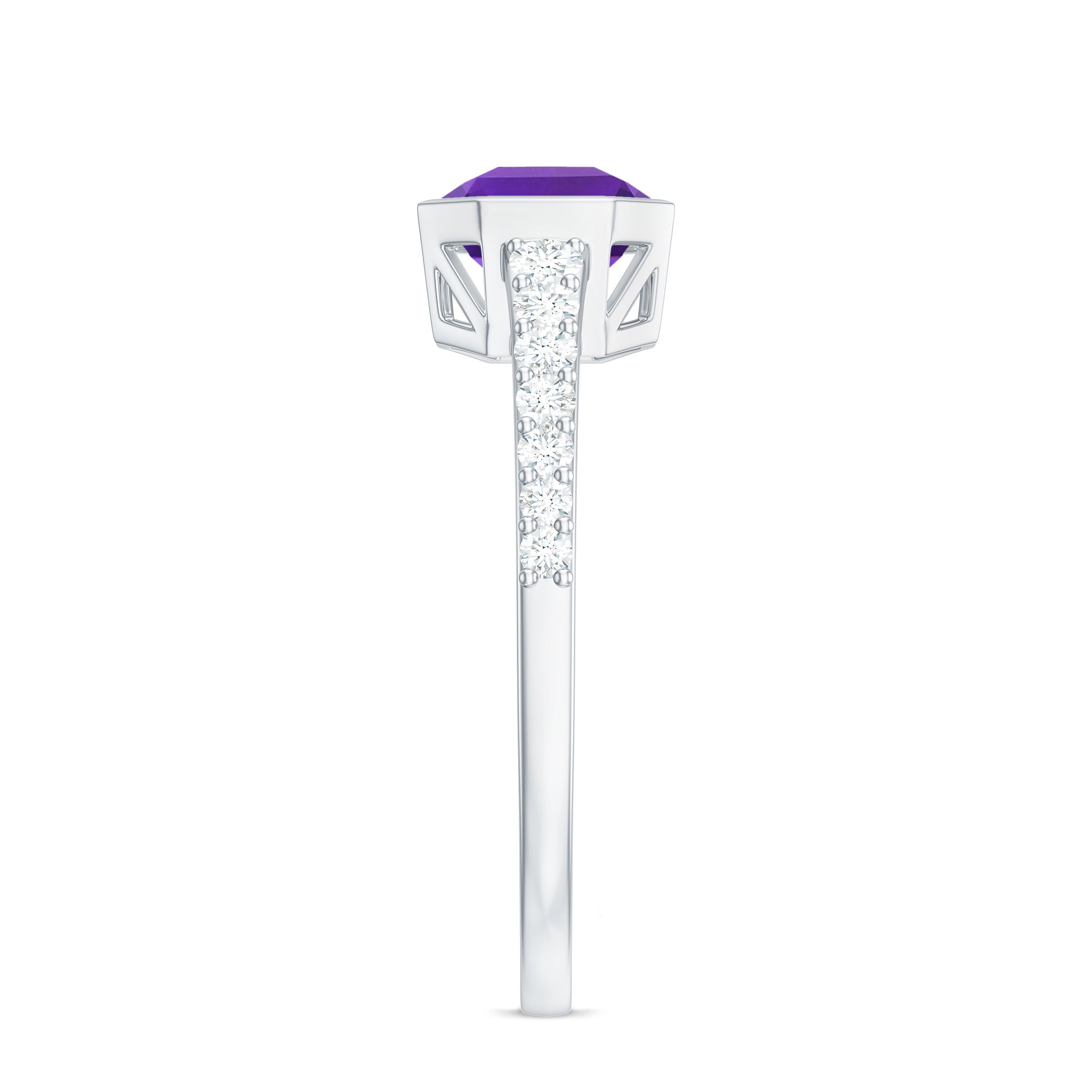 Bezel Asscher Amethyst Solitaire Ring with Diamond Side Stones