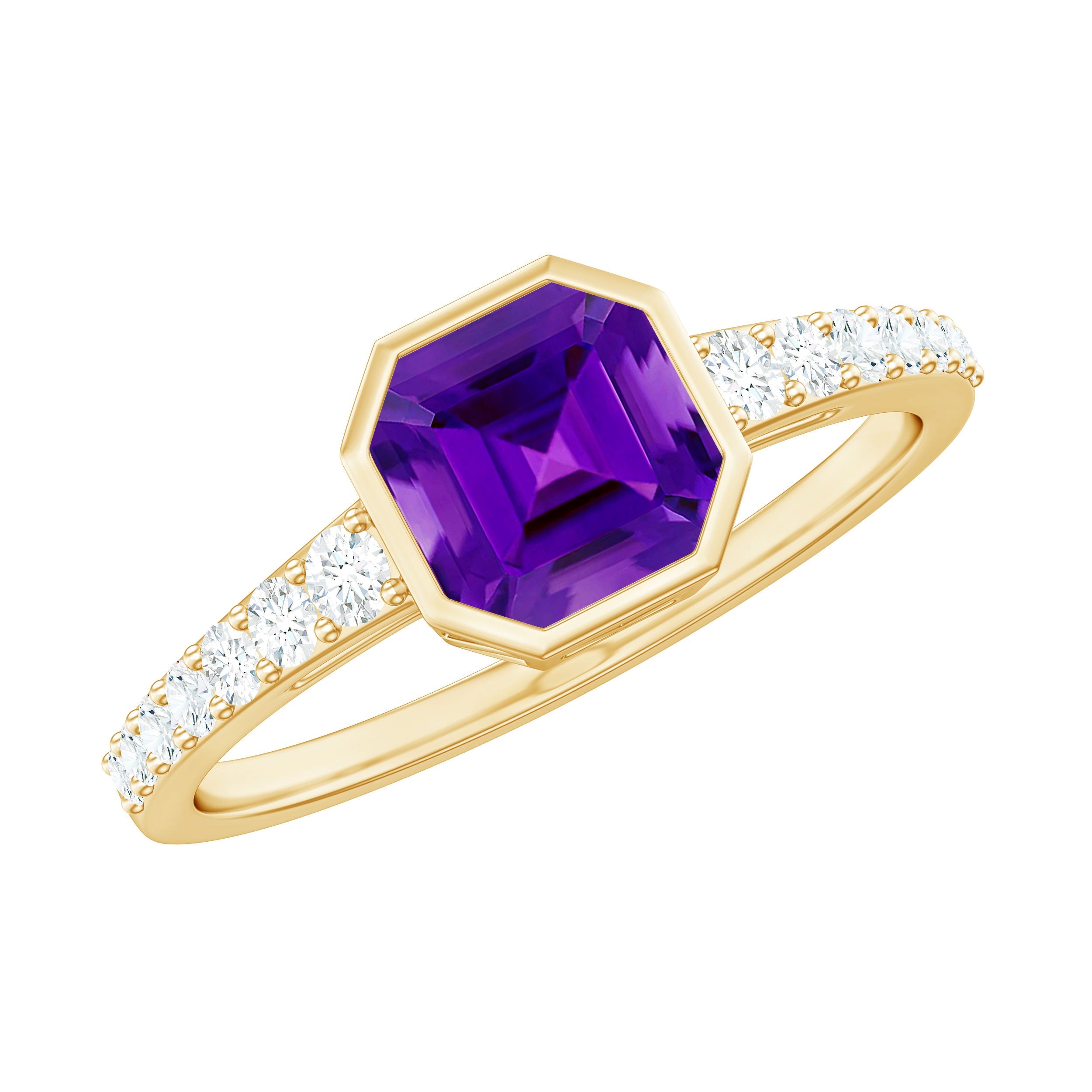 Bezel Asscher Amethyst Solitaire Ring with Diamond Side Stones | Rings | Wiccan Center
