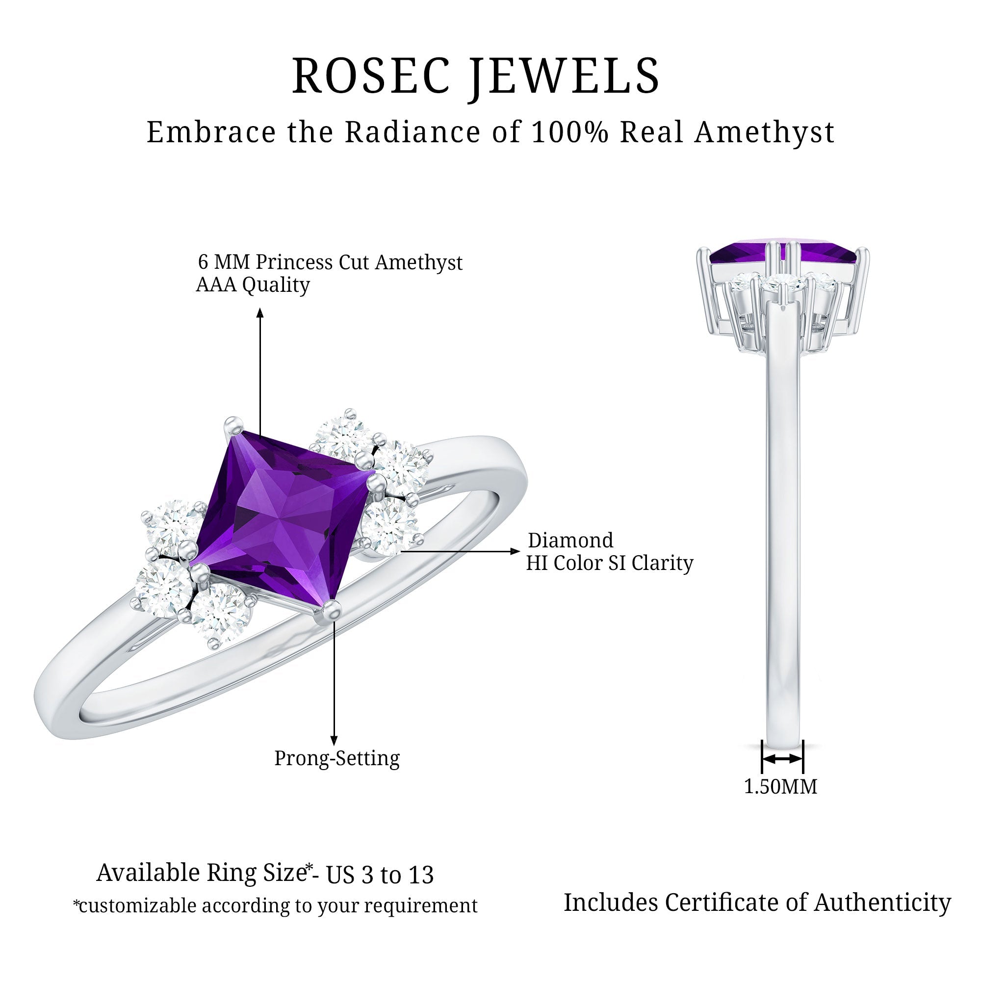 Princess Cut Amethyst Promise Ring with Diamond Trio