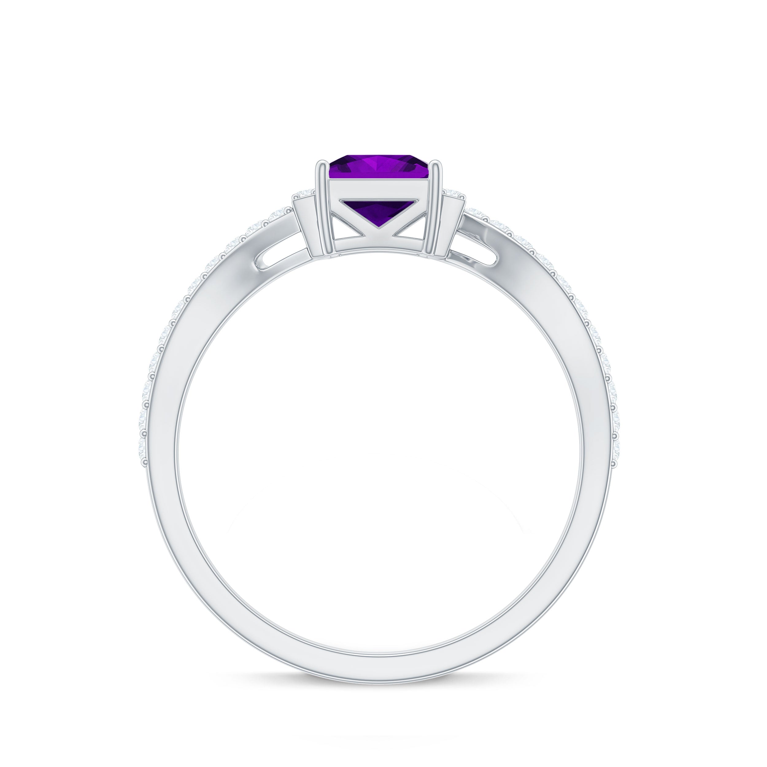 Real 1.2 Carat Amethyst Princess Cut Engagement Ring with Diamond Bypass Shank