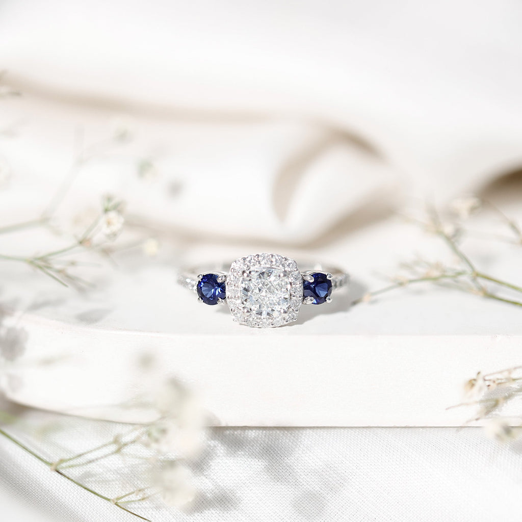 Certified 1.7 Carat Cushion Cut Lab Grown Diamond Engagement Ring with Blue Sapphire