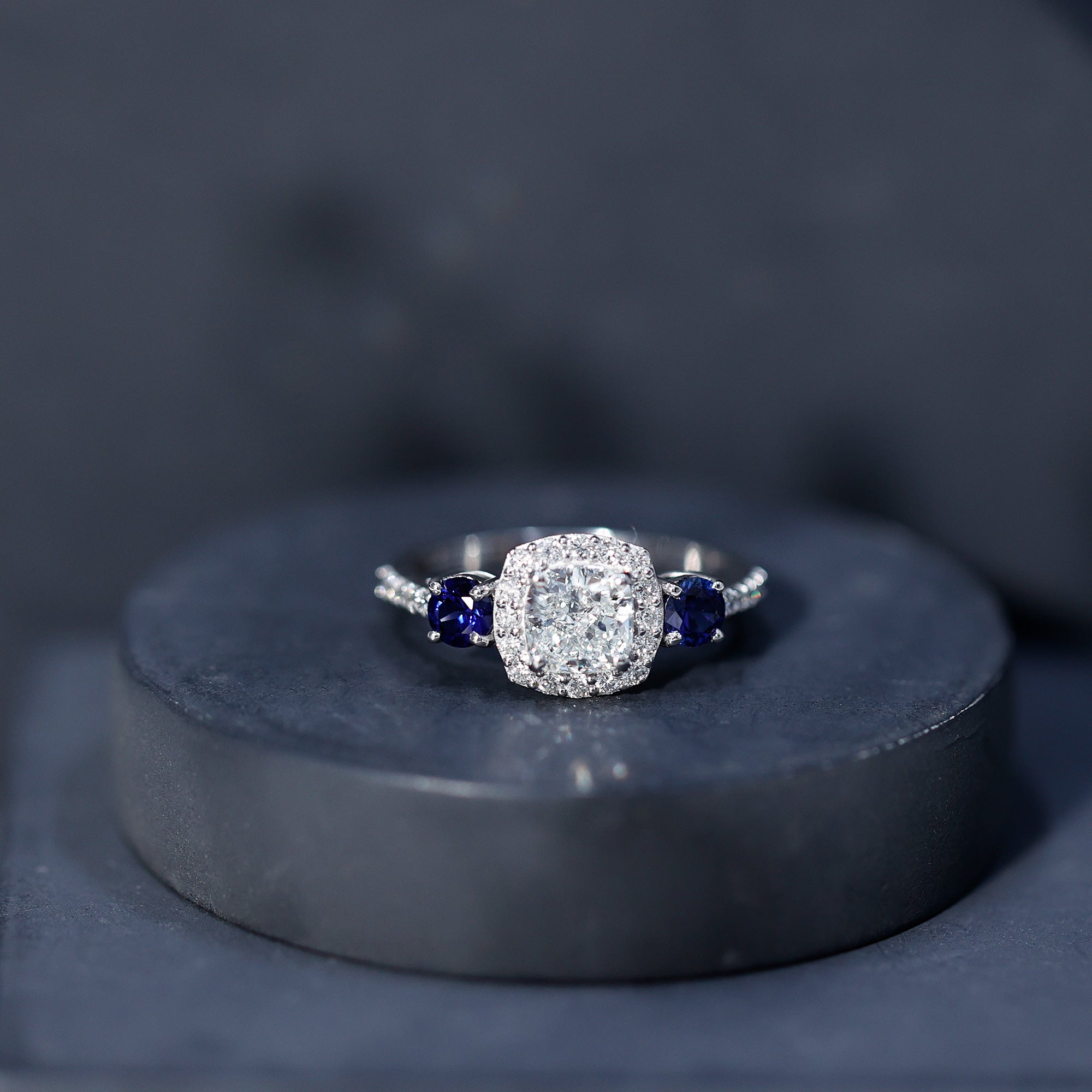 Certified 1.7 Carat Cushion Cut Lab Grown Diamond Engagement Ring with Blue Sapphire