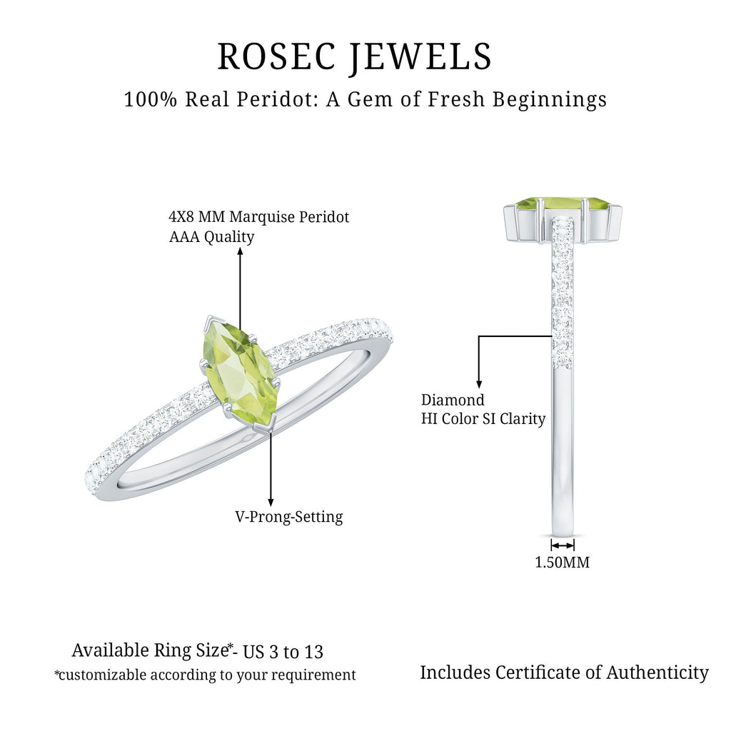 Genuine 0.7 Carat Marquise Peridot Promise Ring with Diamond