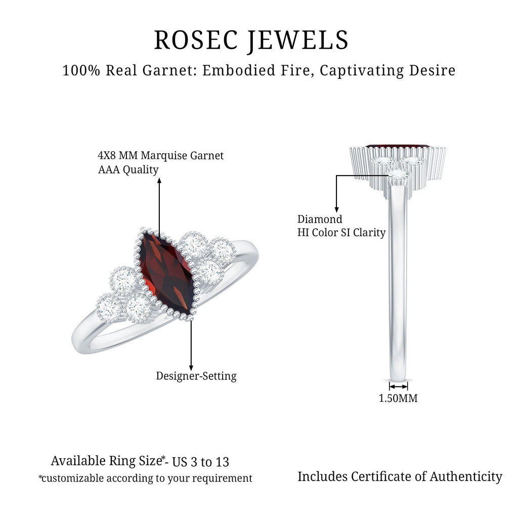 Natural 0.7 Carat Garnet Marquise Engagement Ring with Diamond
