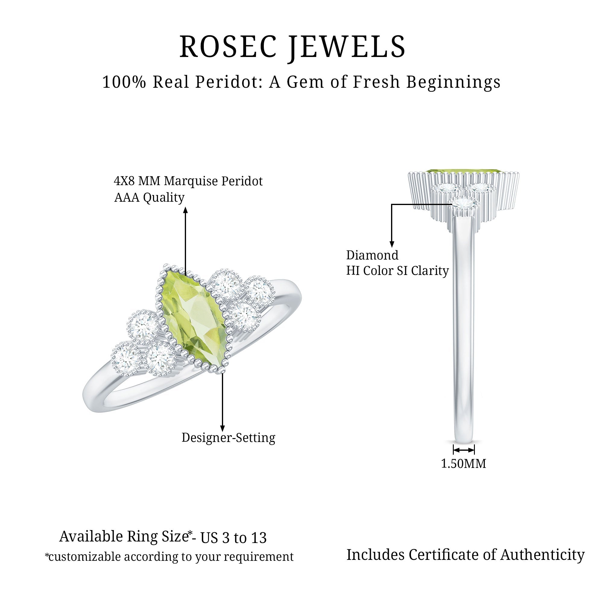 Natural 0.7 Carat Marquise Shape Peridot Engagement Ring with Diamond