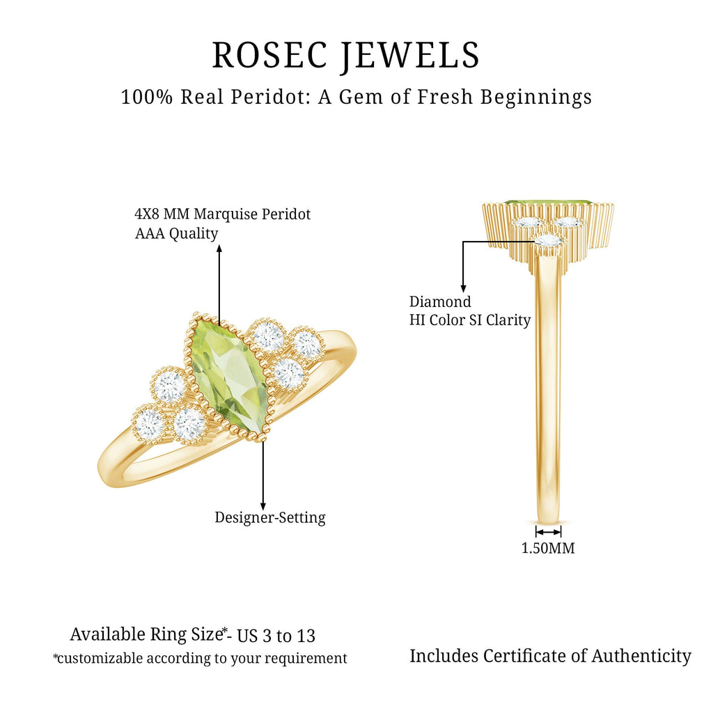 Natural 0.7 Carat Marquise Shape Peridot Engagement Ring with Diamond