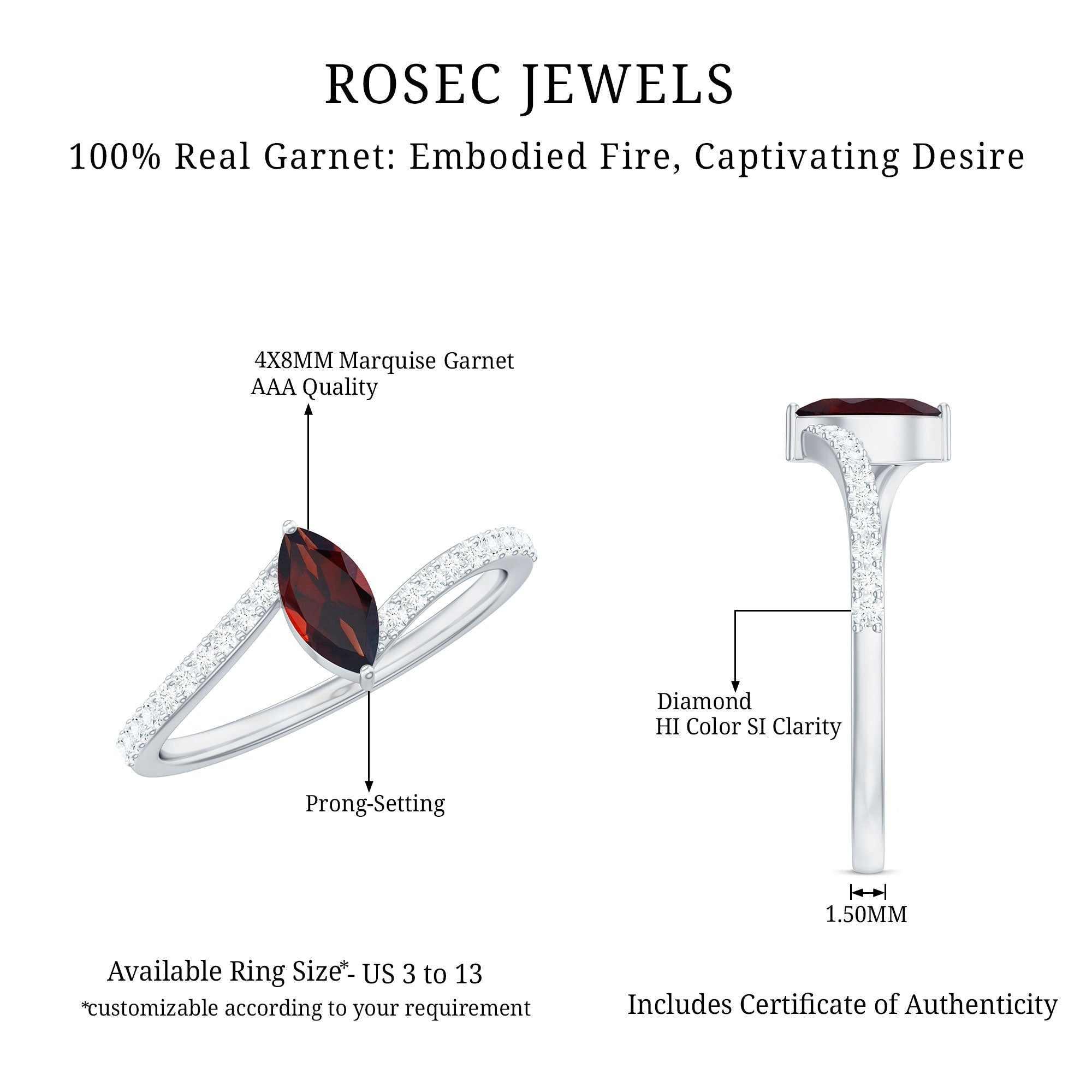 Natural Marquise Garnet Promise Ring with Diamond Bypass Shank