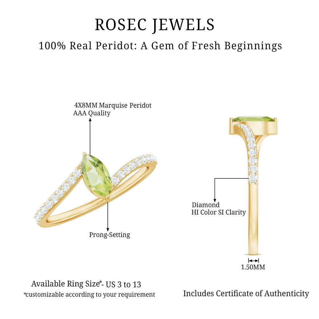 Real 0.7 Carat Peridot Marquise Promise Ring with Diamond Bypass Shank
