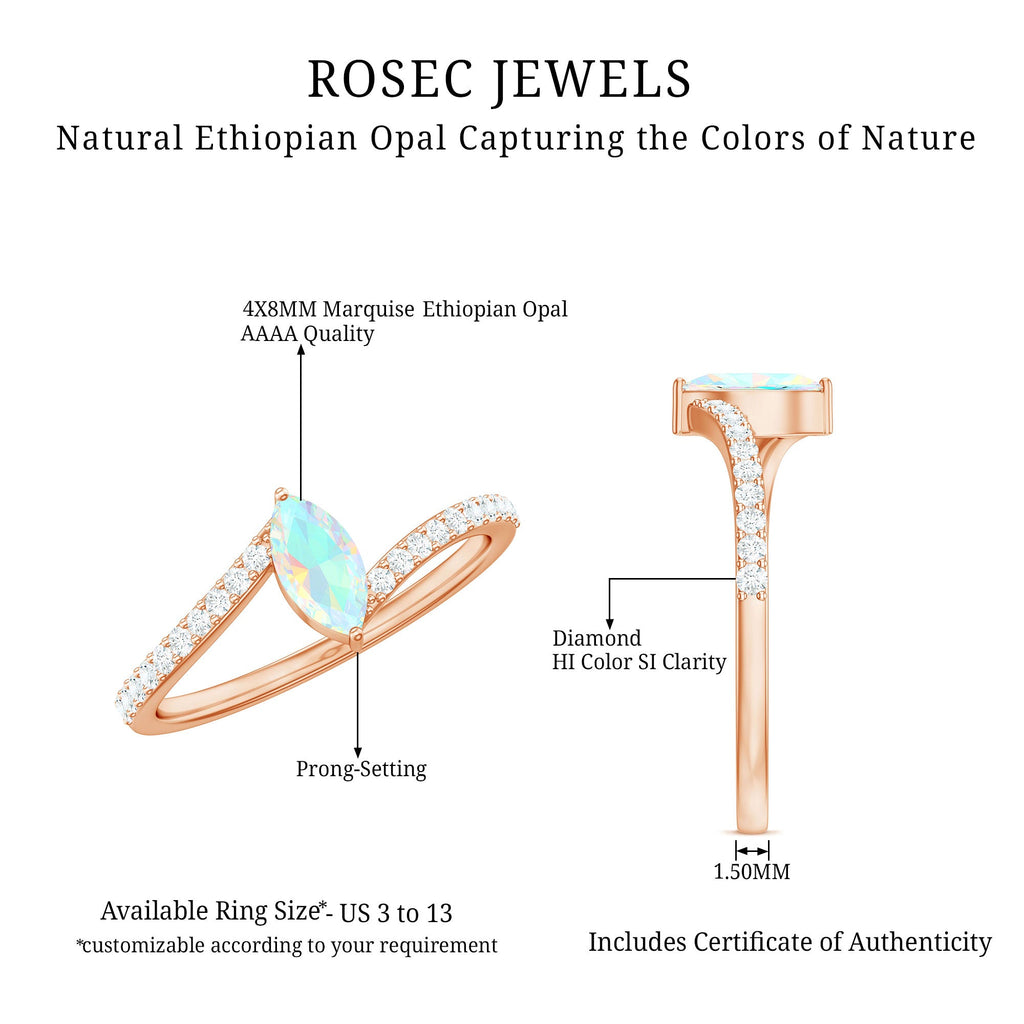 Natural Marquise Ethiopian Opal Diamond Promise Ring with Bypass Shank