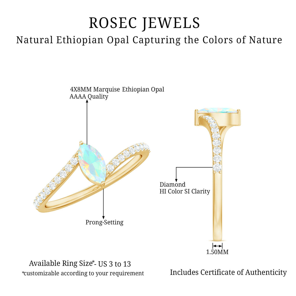 Natural Marquise Ethiopian Opal Diamond Promise Ring with Bypass Shank