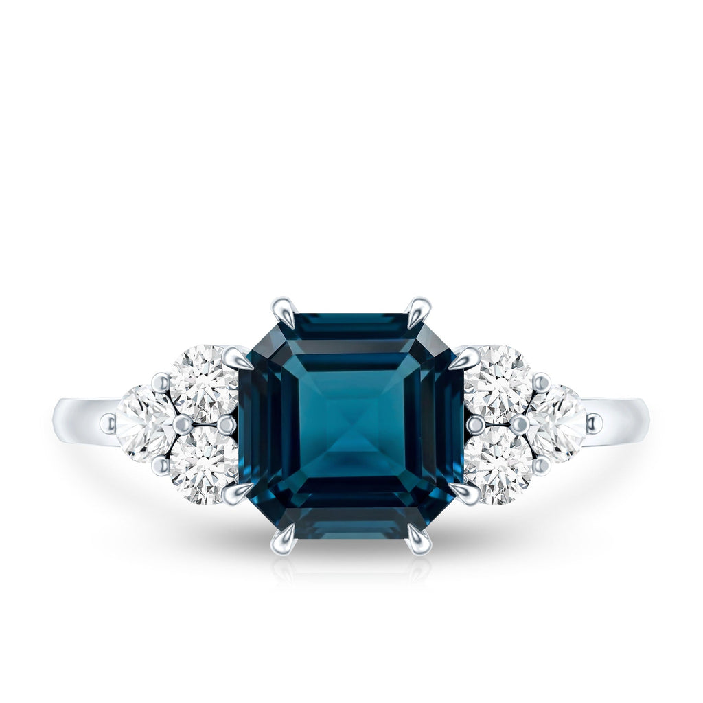Asscher Cut London Blue Topaz Solitaire Engagement Ring with Diamond Trio