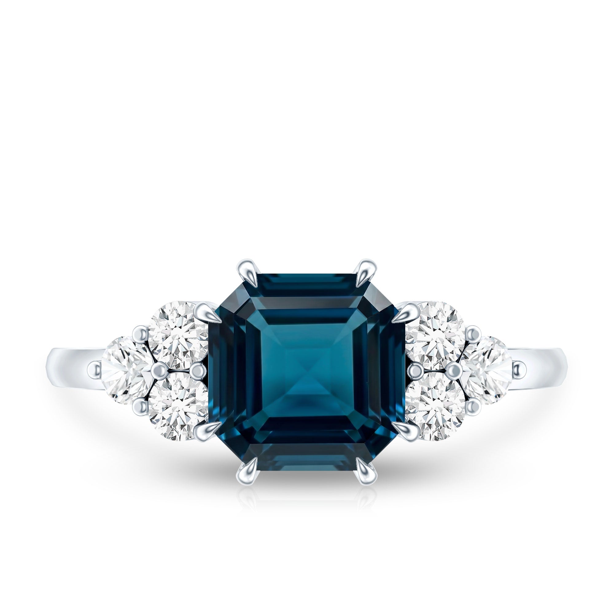 Asscher Cut London Blue Topaz Solitaire Engagement Ring with Diamond Trio