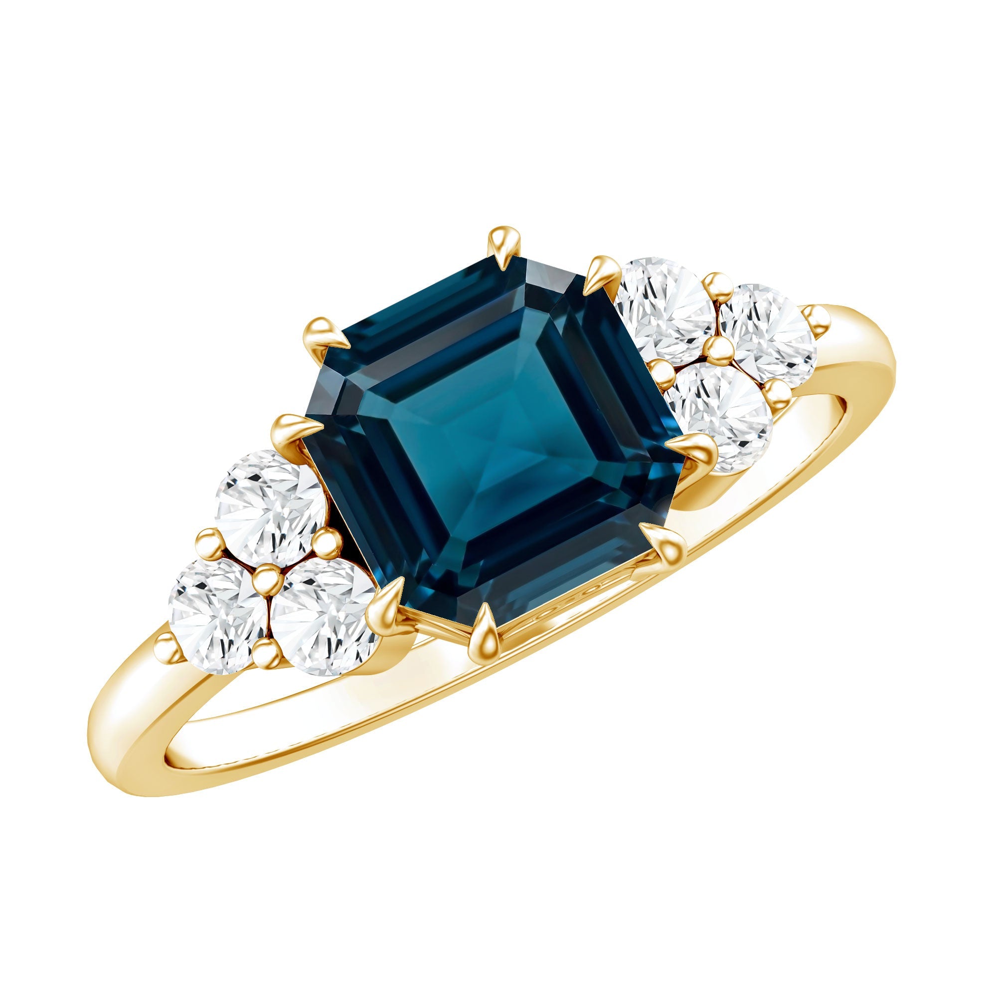 Asscher Cut London Blue Topaz Solitaire Engagement Ring with Diamond Trio | Rings | Wiccan Center