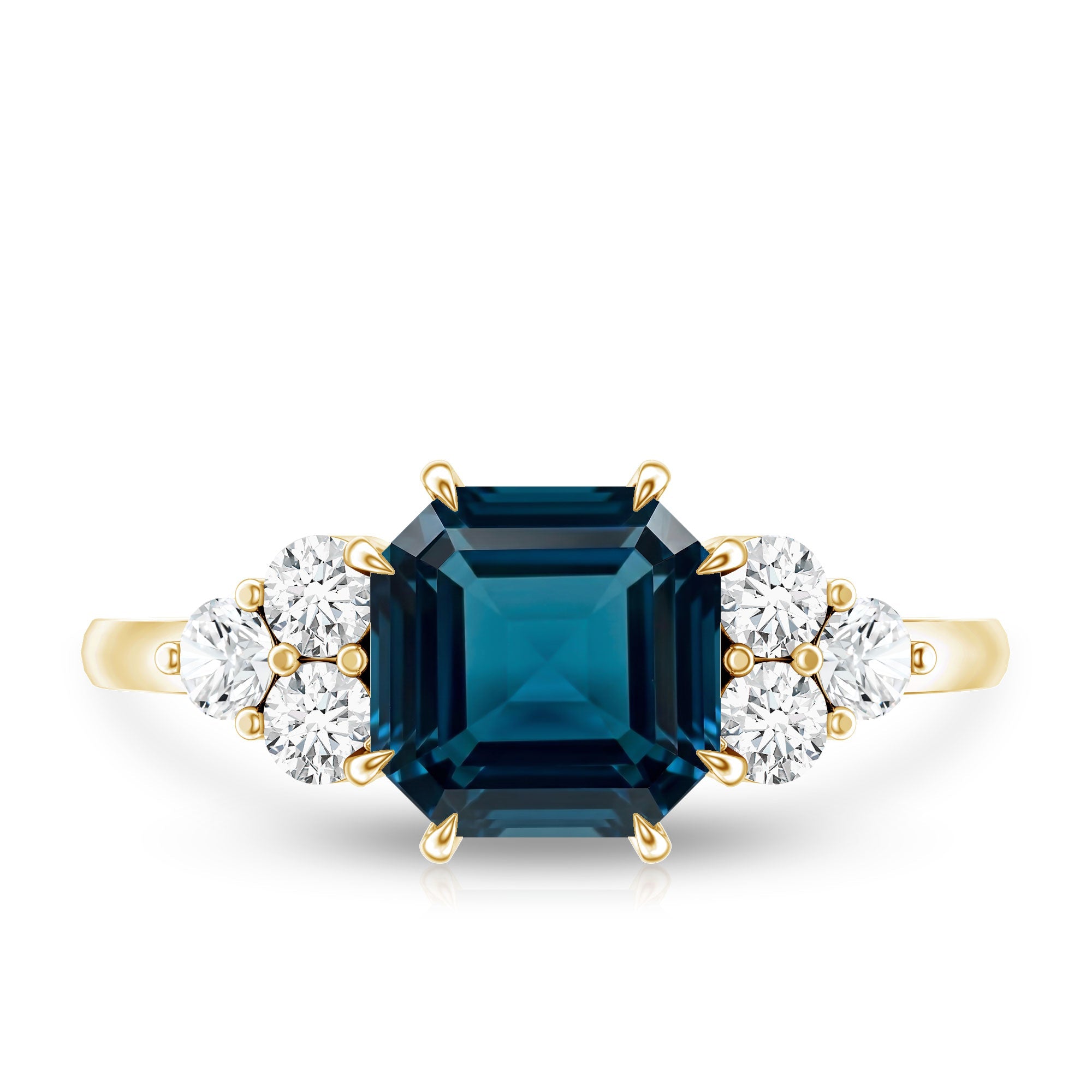 Asscher Cut London Blue Topaz Solitaire Engagement Ring with Diamond Trio