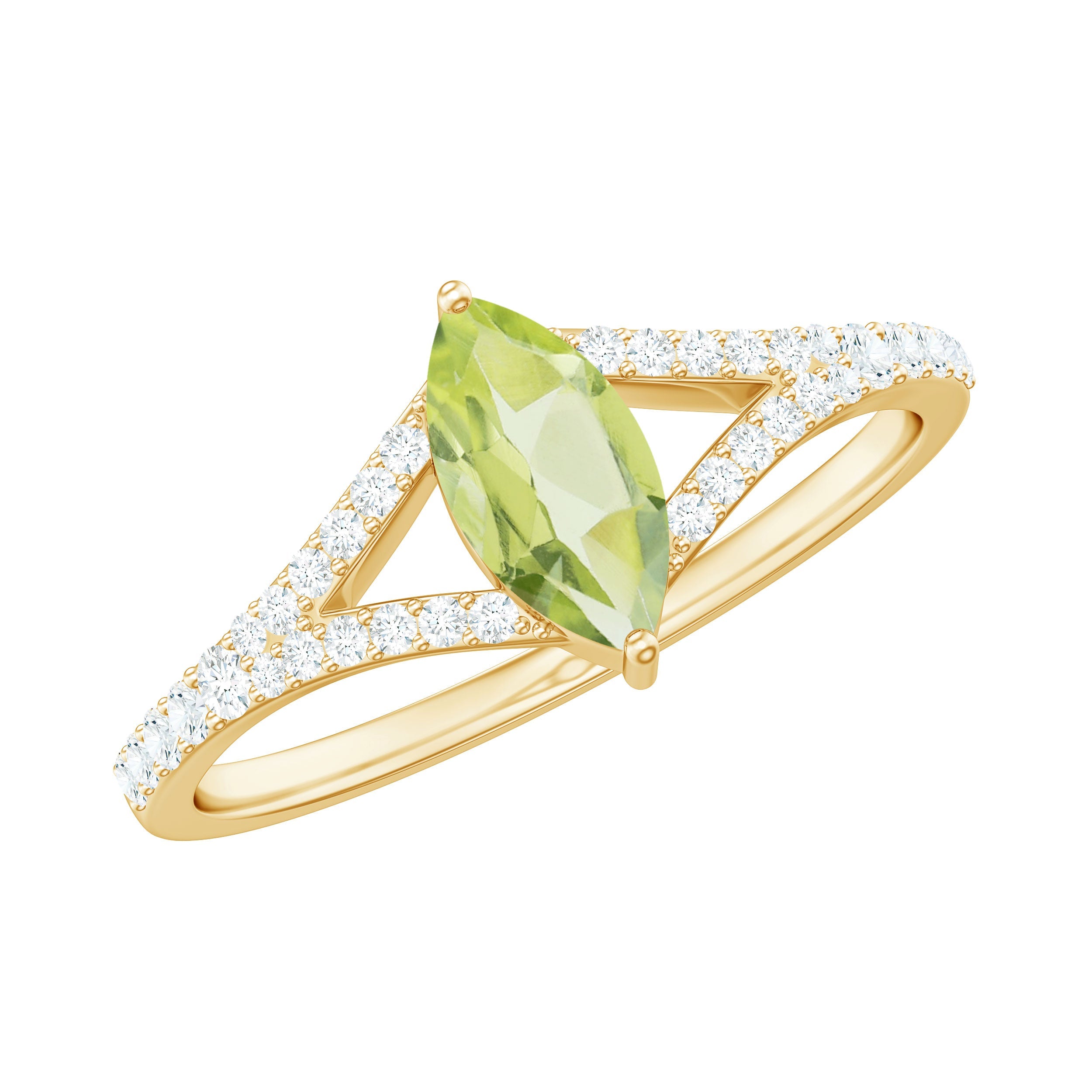 Natural 0.7 Carat Marquise Shape Peridot Promise Ring with Diamond Split Shank | Rings | Wiccan Center