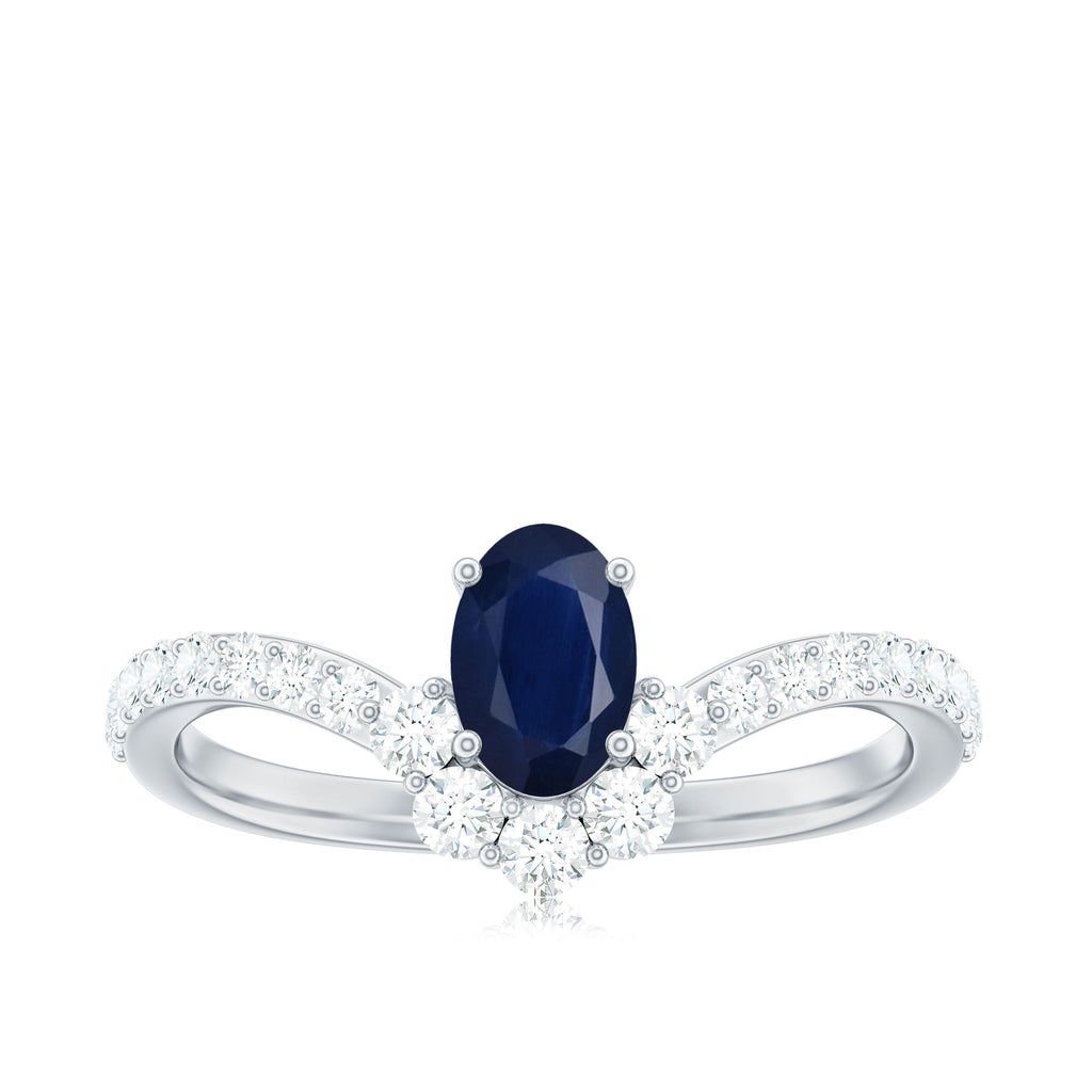 0.6 Carat Oval Cut Blue Sapphire and Diamond Chevron Ring