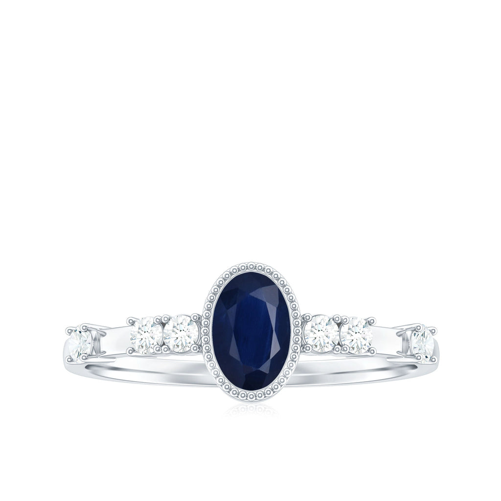 Vintage Looking Blue Sapphire Oval Engagement Ring with Diamond