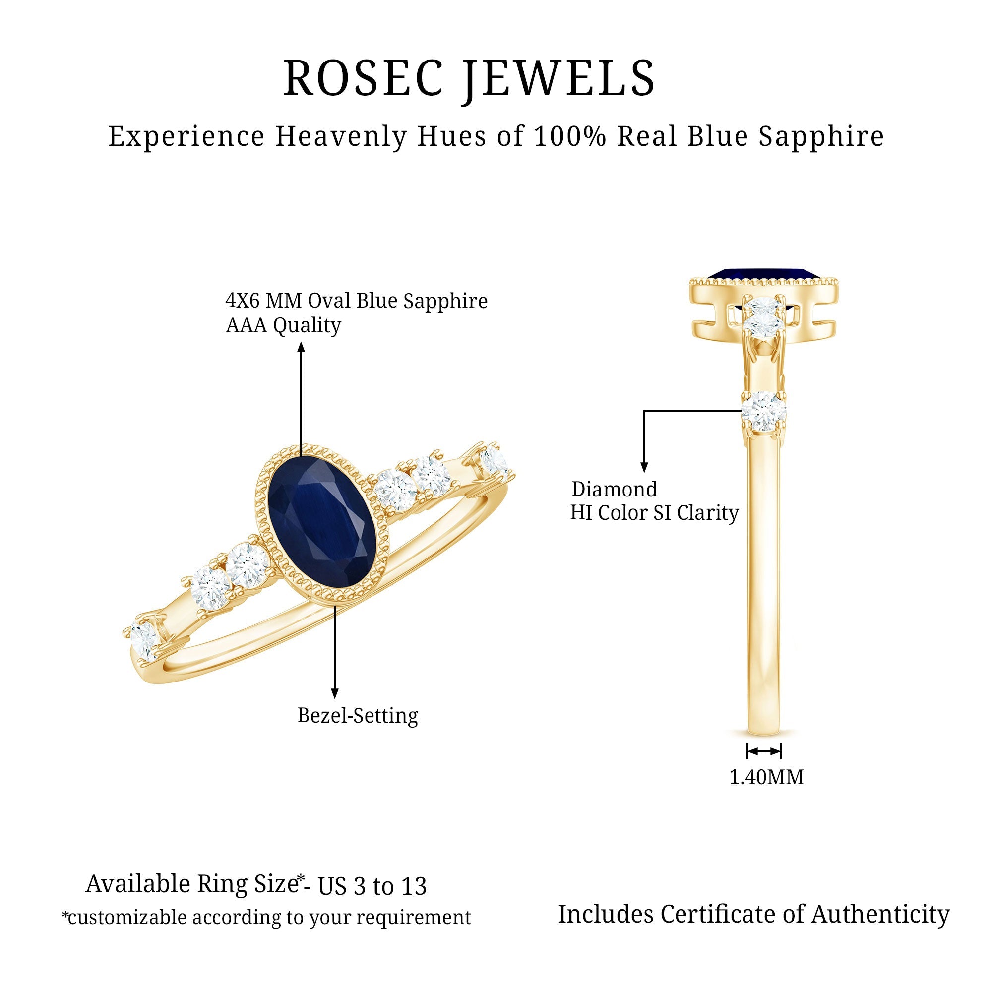 Vintage Looking Blue Sapphire Oval Engagement Ring with Diamond