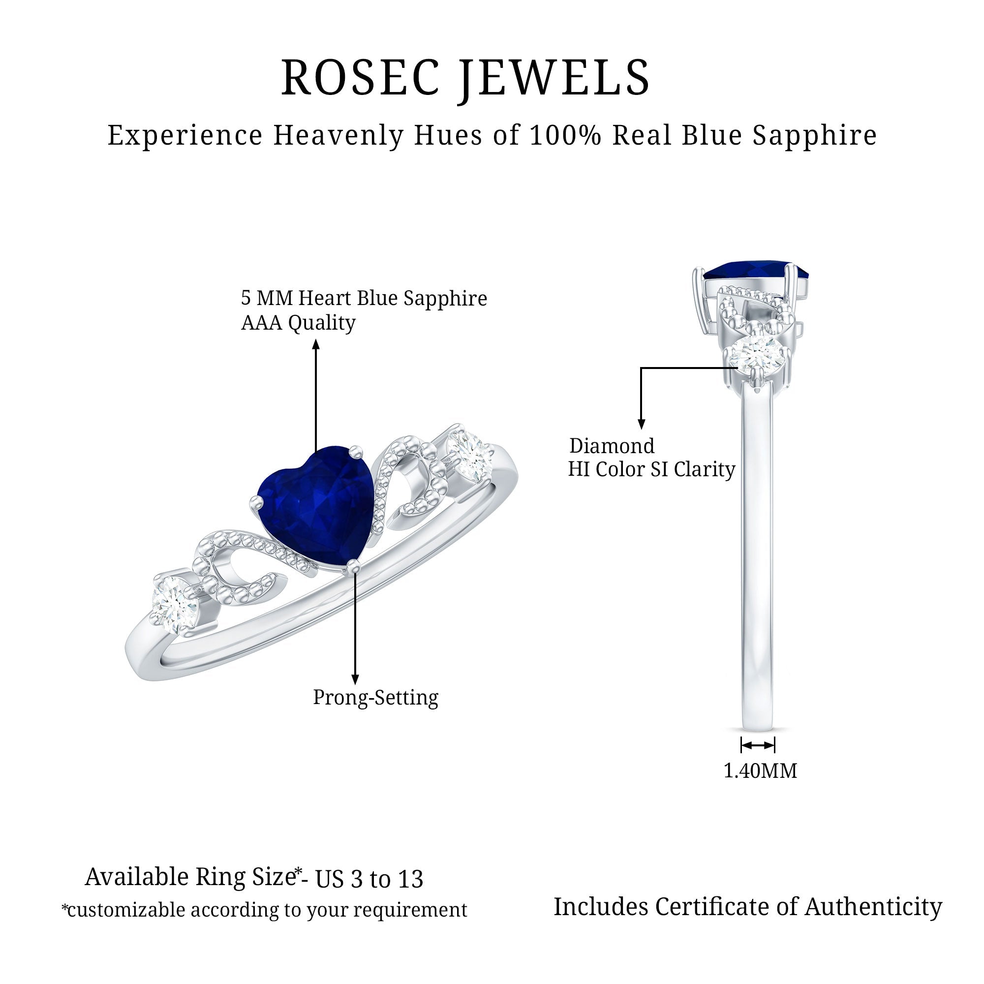 Natural 0.6 Carat Blue Sapphire Heart Promise Ring with Diamond