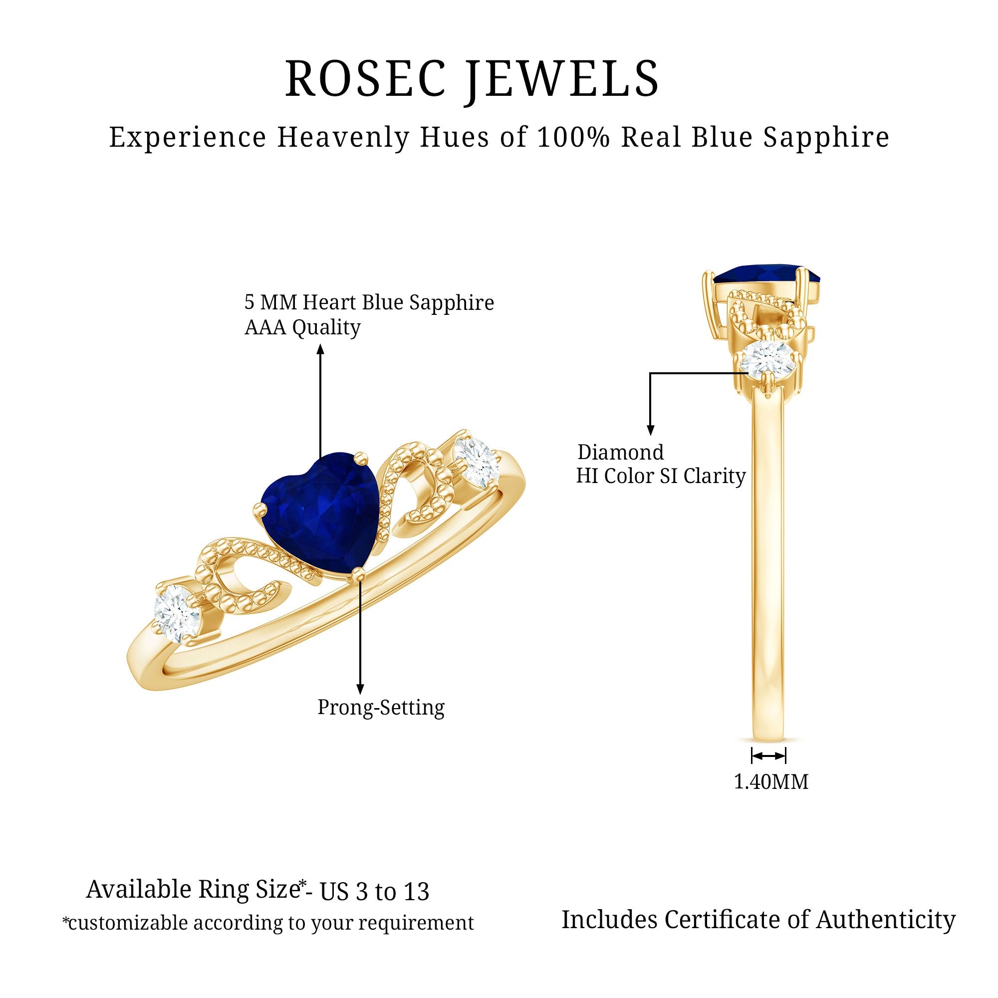 Natural 0.6 Carat Blue Sapphire Heart Promise Ring with Diamond
