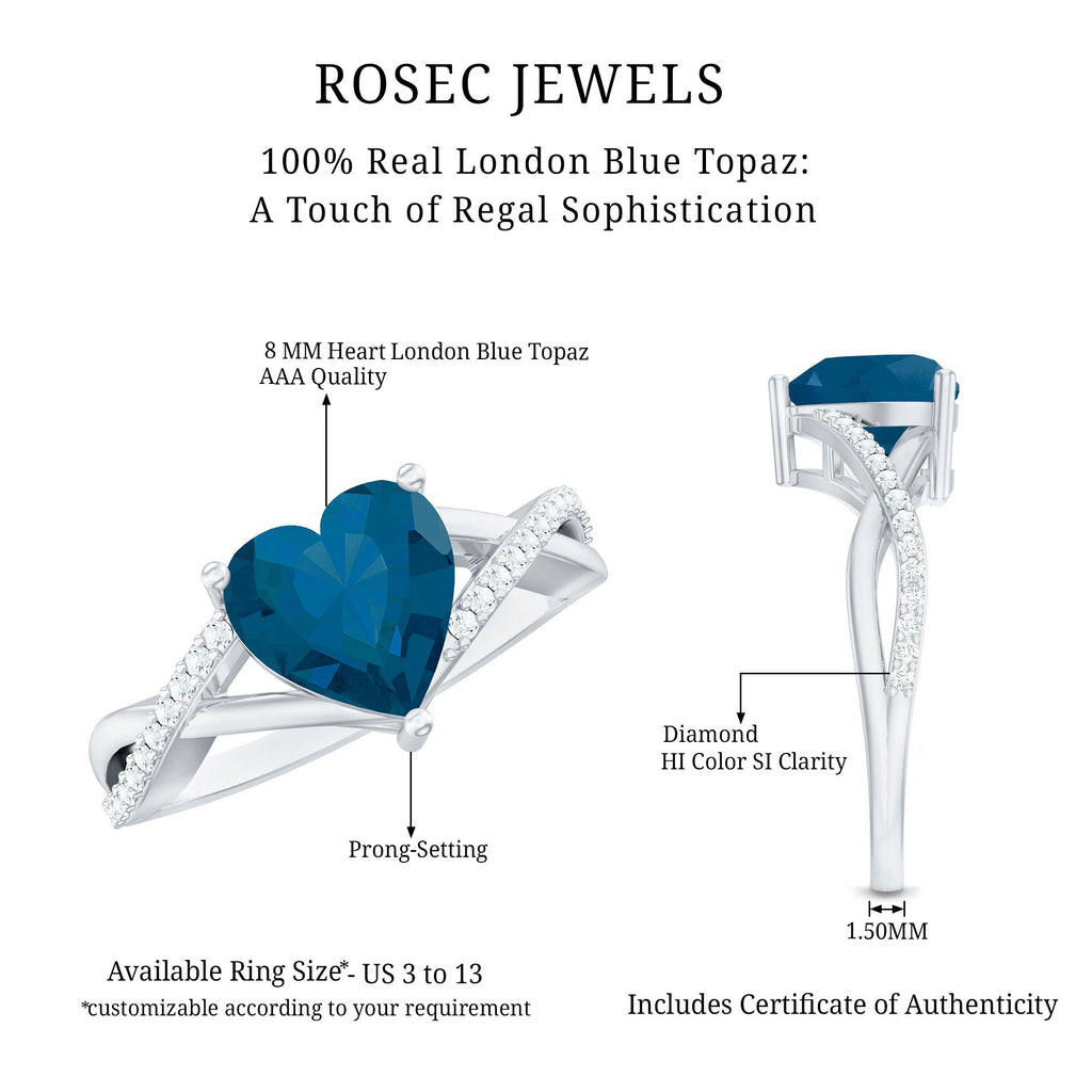 London Blue Topaz and Diamond Heart Engagement Ring in Crossover Band
