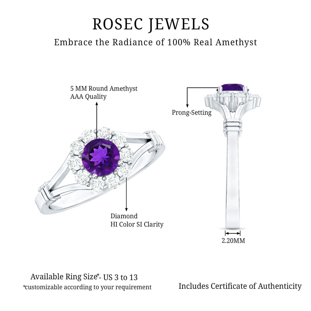 0.45 Carat Amethyst and Diamond Halo Engagement Ring in Split Shank