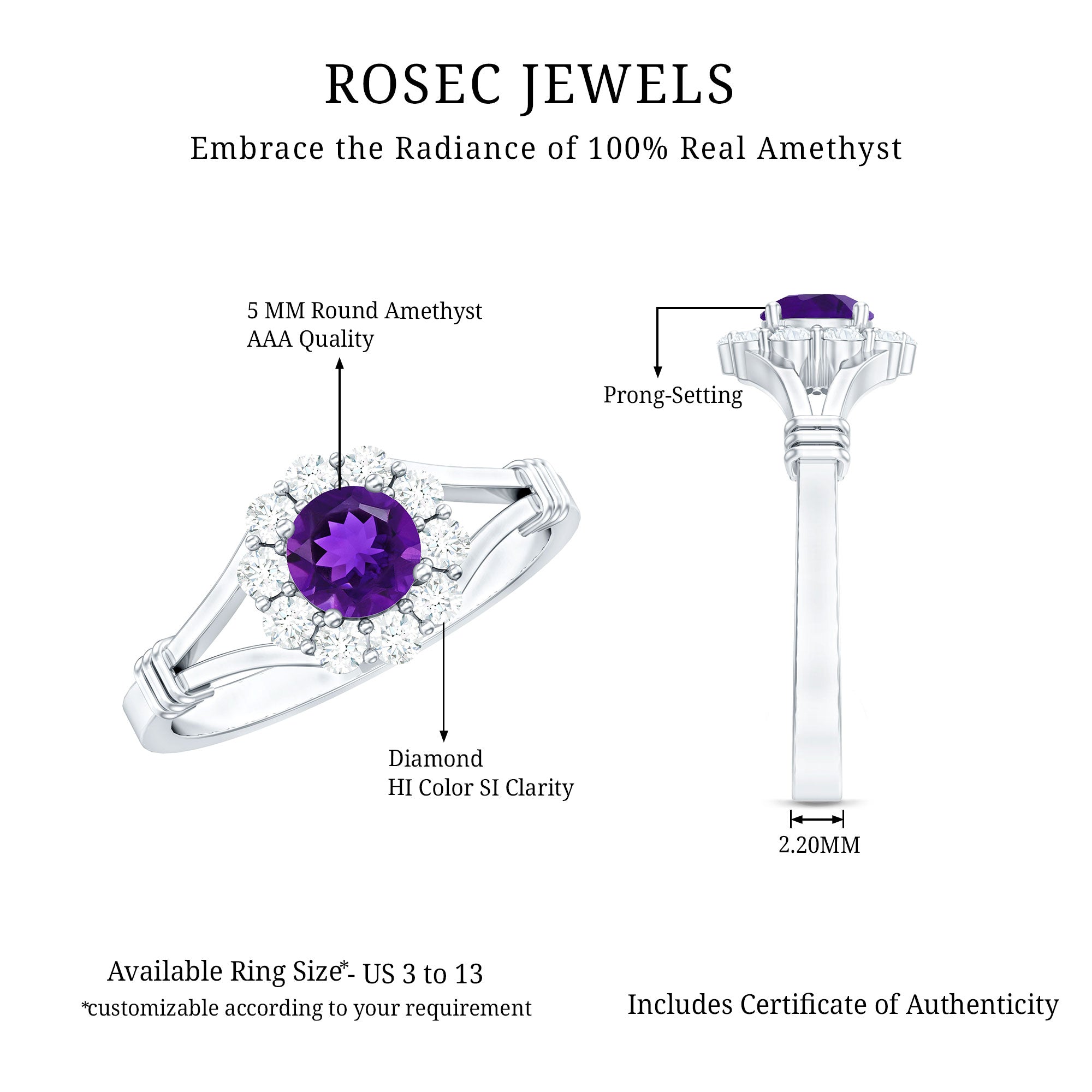 0.45 Carat Amethyst and Diamond Halo Engagement Ring in Split Shank