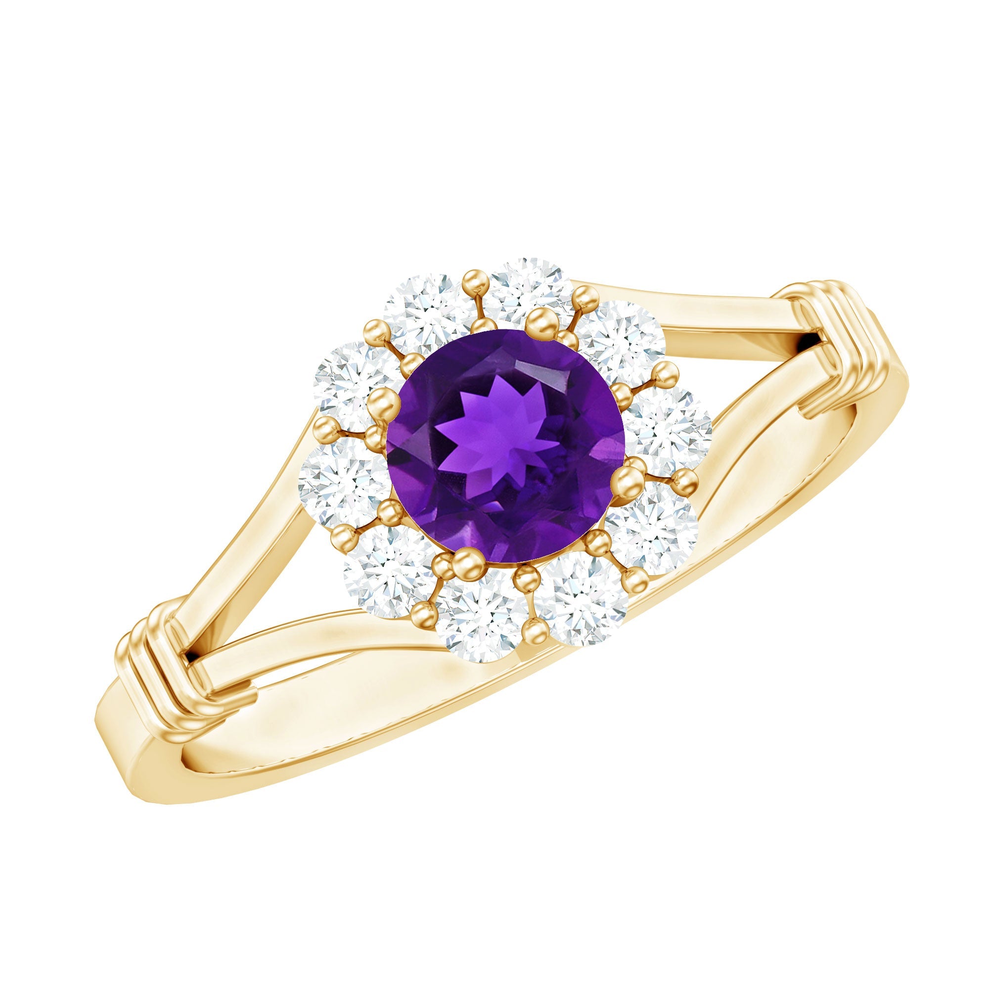 0.45 Carat Amethyst and Diamond Halo Engagement Ring in Split Shank | Rings | Wiccan Center