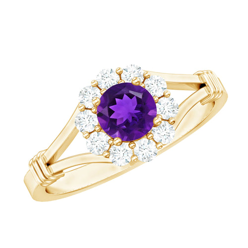 0.45 Carat Amethyst and Diamond Halo Engagement Ring in Split Shank | Rings | Wiccan Center