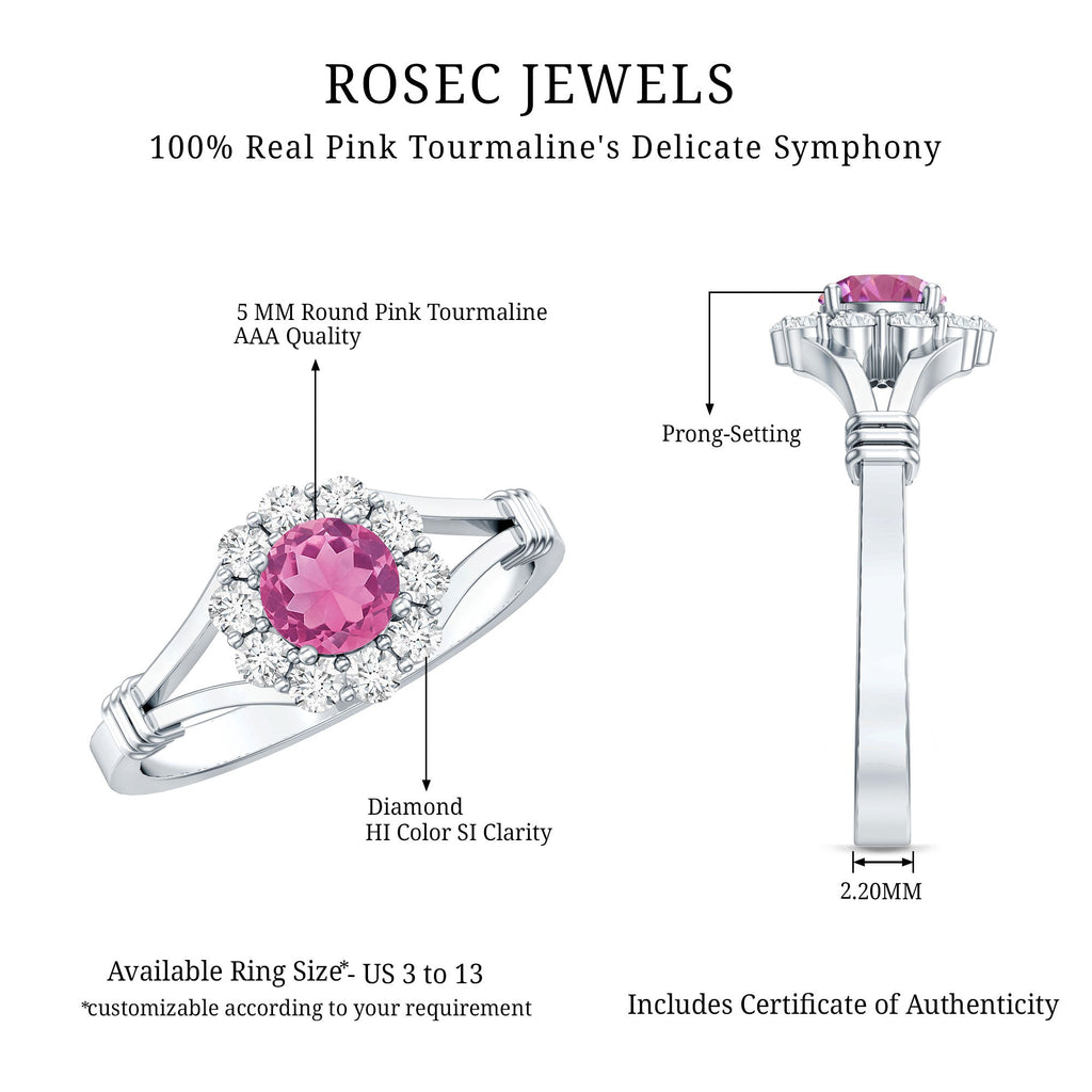 Real Pink Tourmaline and Diamond Engagement Ring in Split Shank