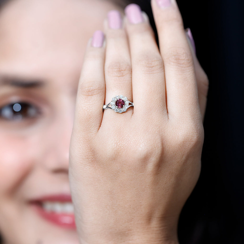 Real Pink Tourmaline and Diamond Engagement Ring in Split Shank