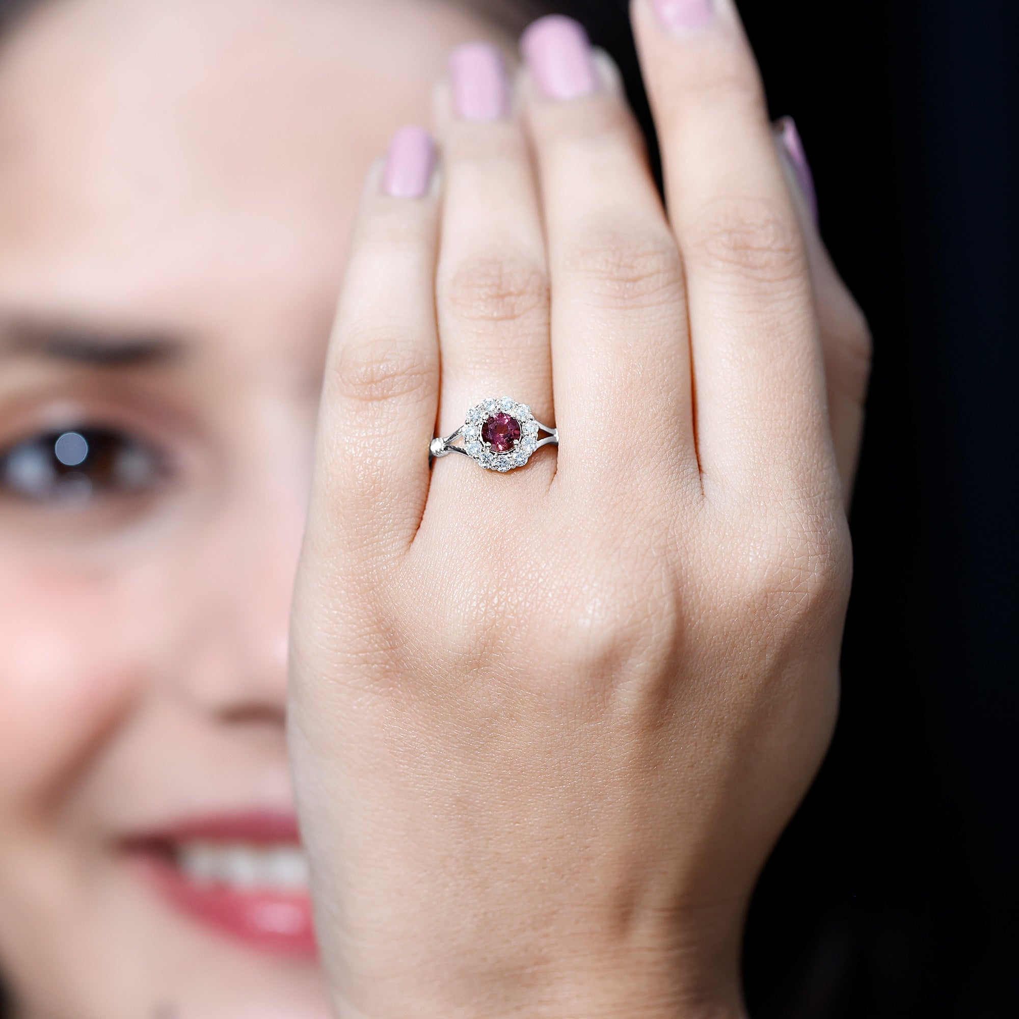 Real Pink Tourmaline and Diamond Engagement Ring in Split Shank