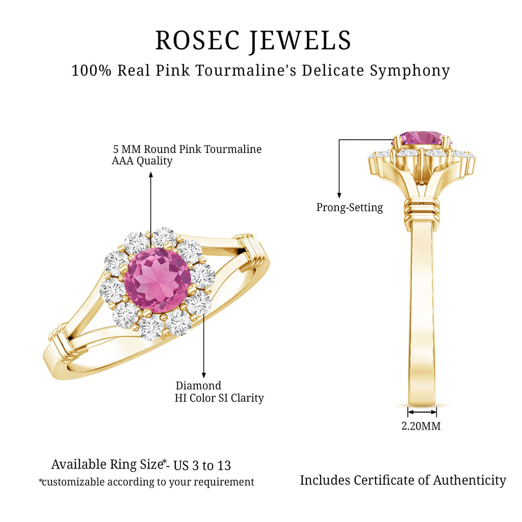 Real Pink Tourmaline and Diamond Engagement Ring in Split Shank