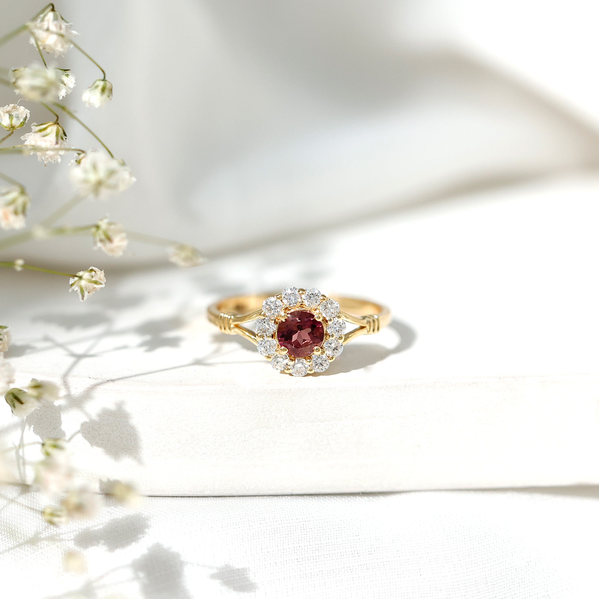 Real Pink Tourmaline and Diamond Engagement Ring in Split Shank