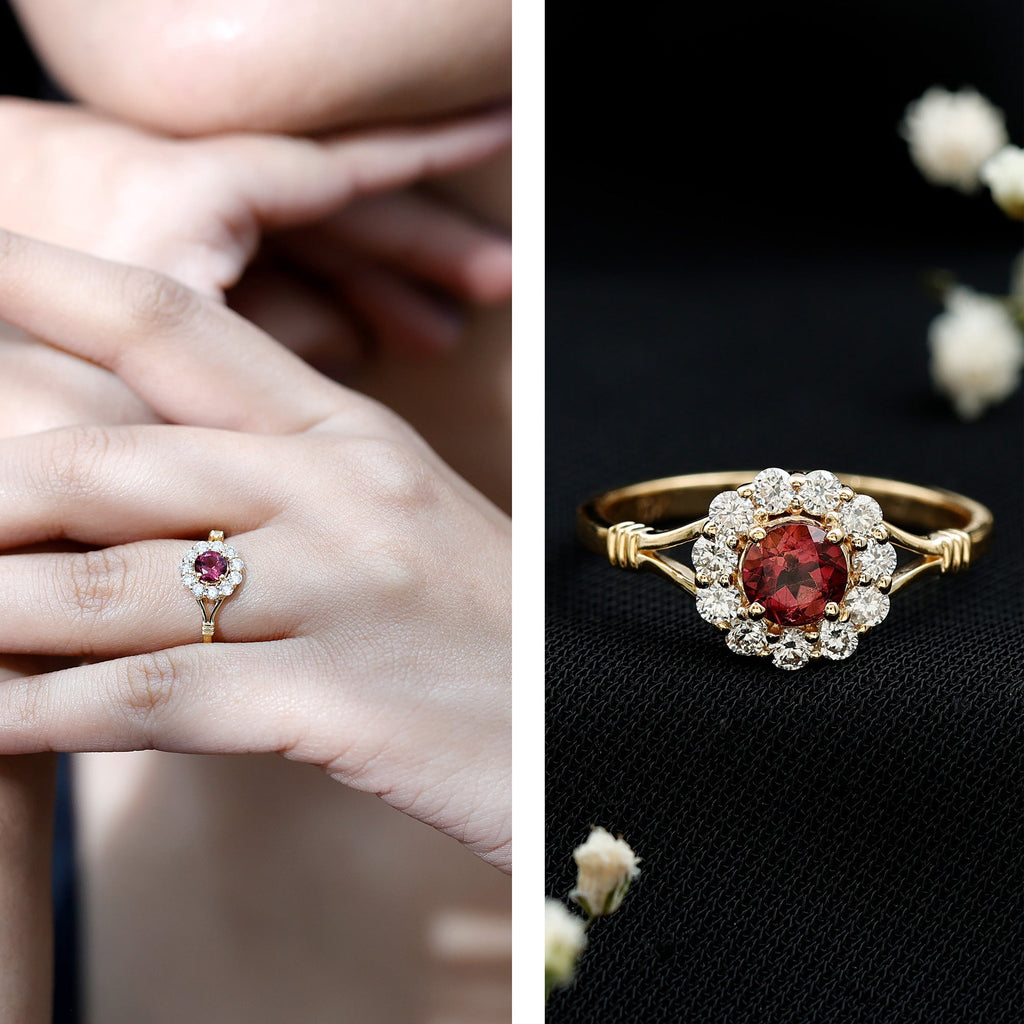 Real Pink Tourmaline and Diamond Engagement Ring in Split Shank