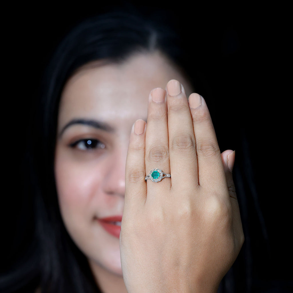 Emerald Nature Inspired Engagement Ring with Diamond Halo