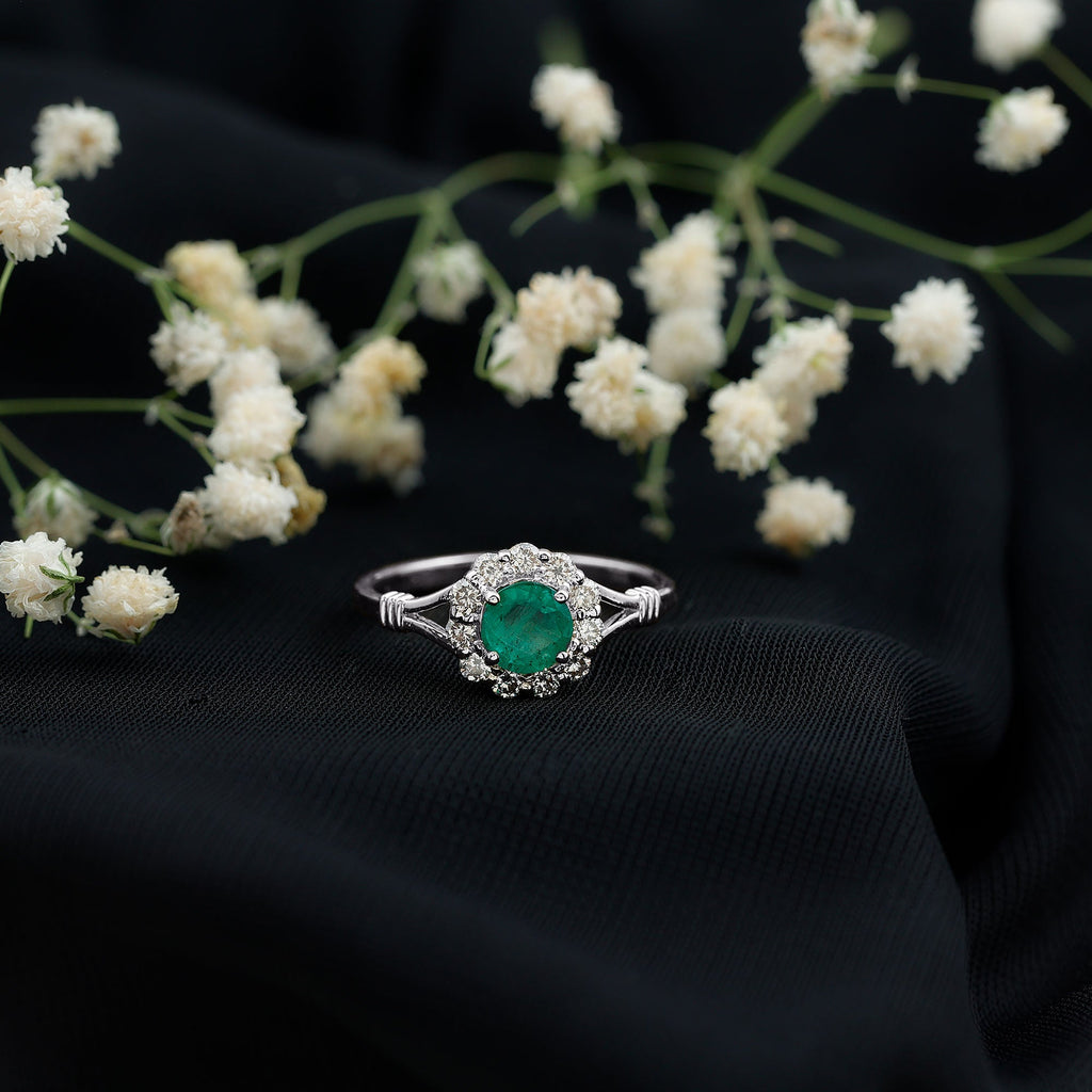 Emerald Nature Inspired Engagement Ring with Diamond Halo