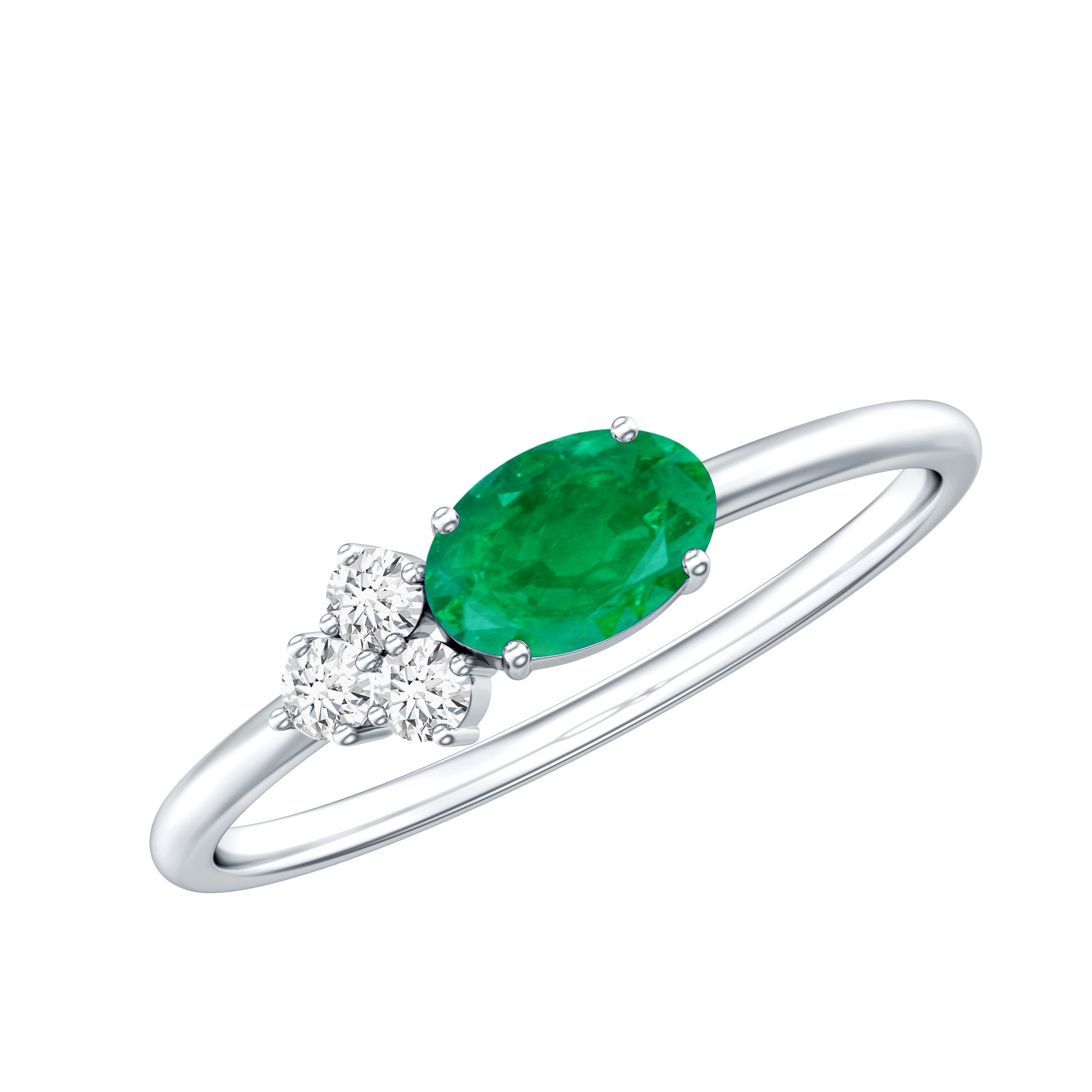 AAA Quality Oval Cut Emerald East West Promise Ring with Diamond Trio