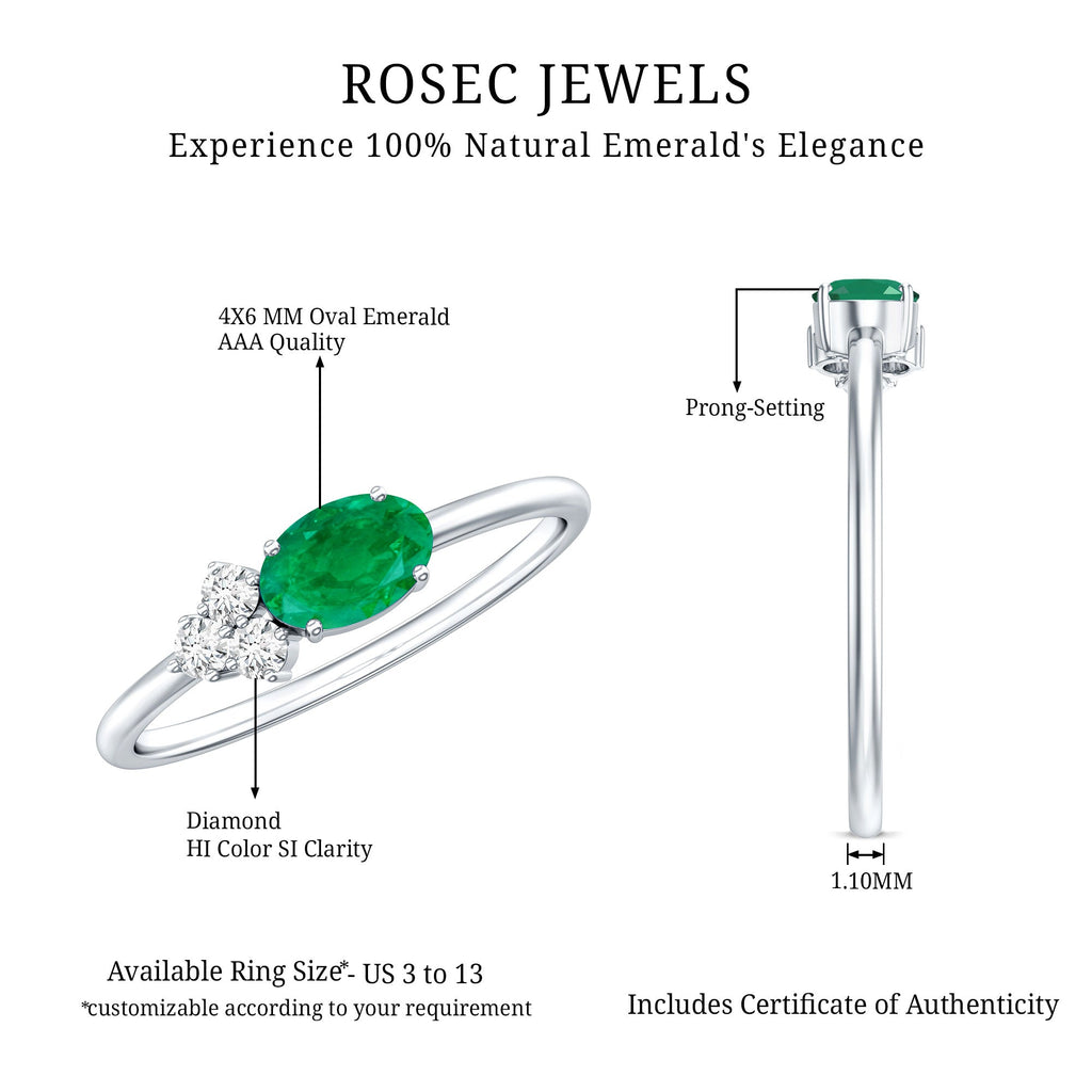 AAA Quality Oval Cut Emerald East West Promise Ring with Diamond Trio