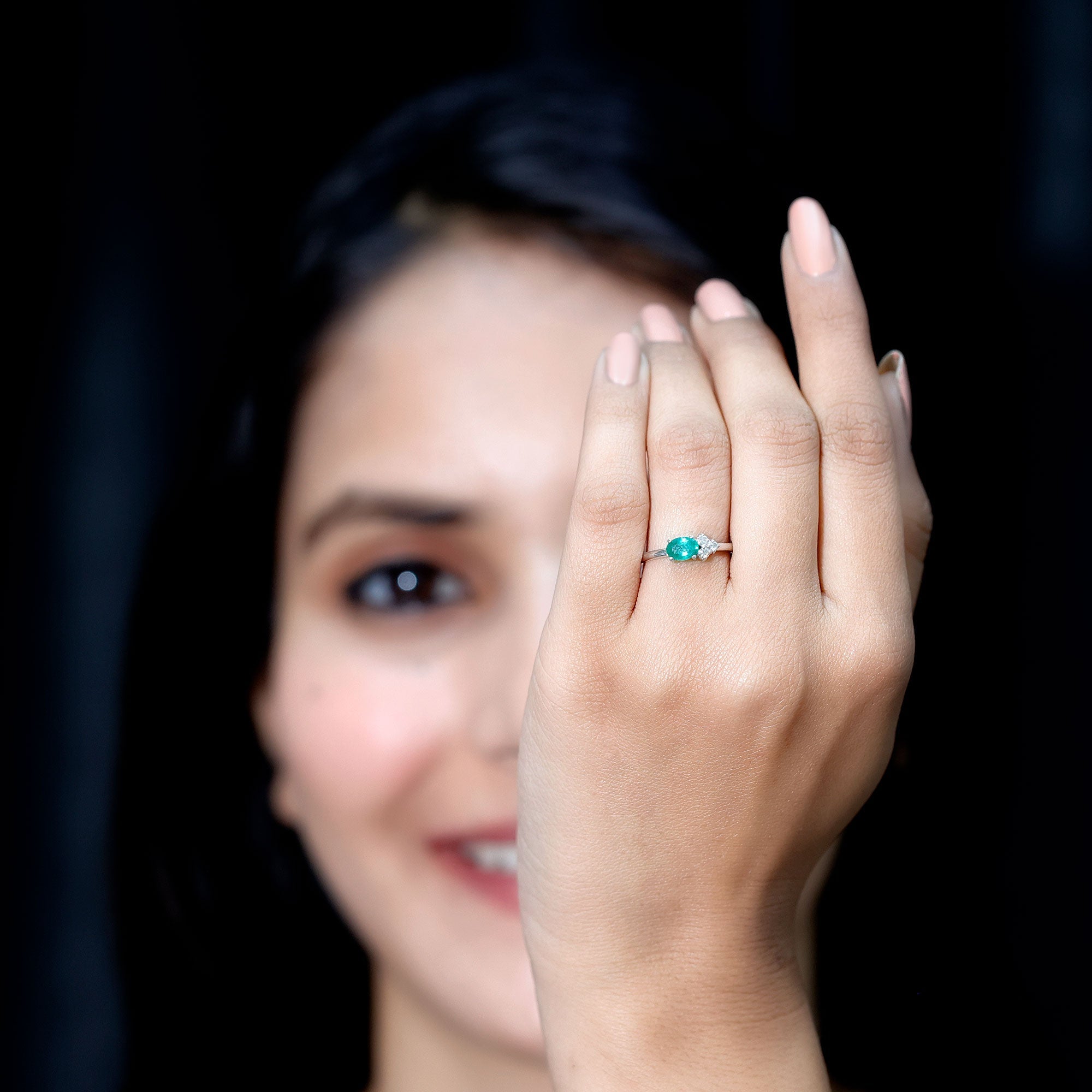 AAA Quality Oval Cut Emerald East West Promise Ring with Diamond Trio