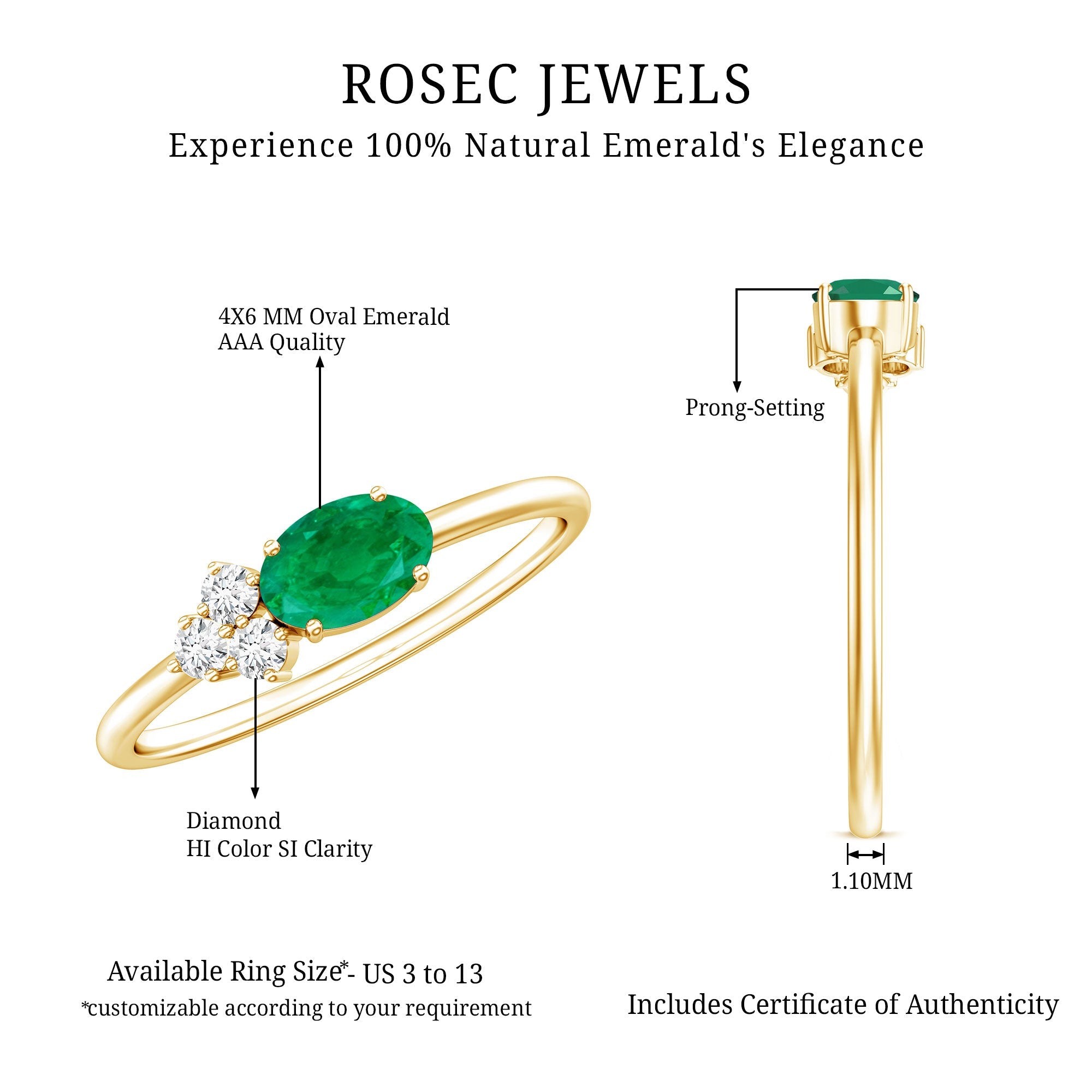 AAA Quality Oval Cut Emerald East West Promise Ring with Diamond Trio