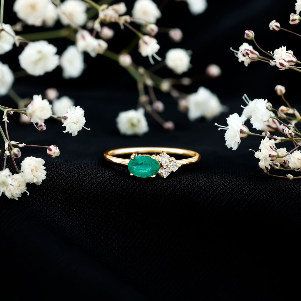 AAA Quality Oval Cut Emerald East West Promise Ring with Diamond Trio