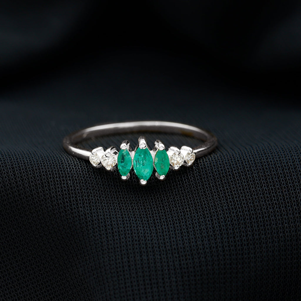 Marquise Emerald and Diamond 3 Stone Anniversary Ring for Women