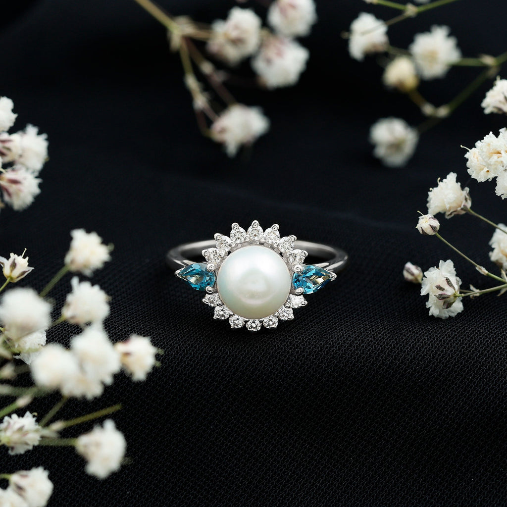 8MM Freshwater Cultured Pearl Designer Engagement Ring with Blue Topaz