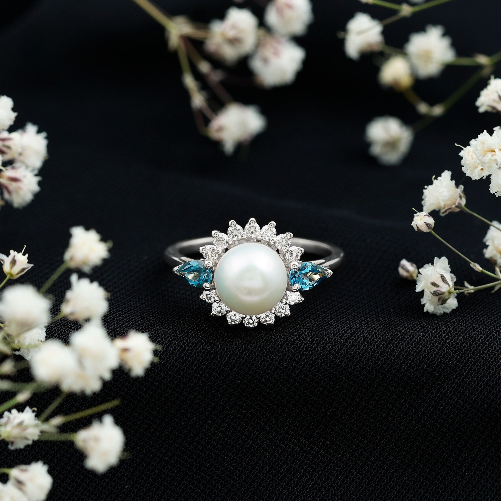 8MM Freshwater Cultured Pearl Designer Engagement Ring with Blue Topaz