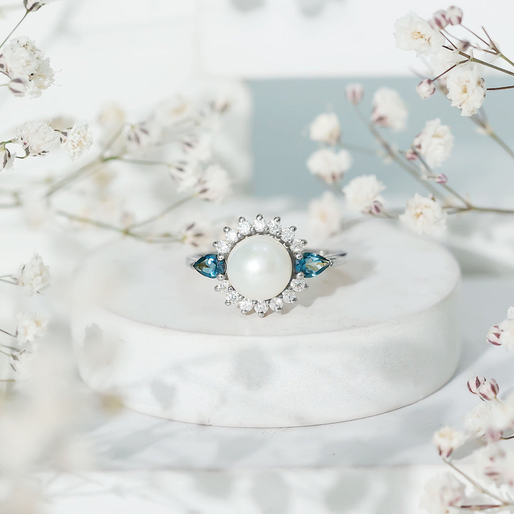 8MM Freshwater Cultured Pearl Designer Engagement Ring with Blue Topaz